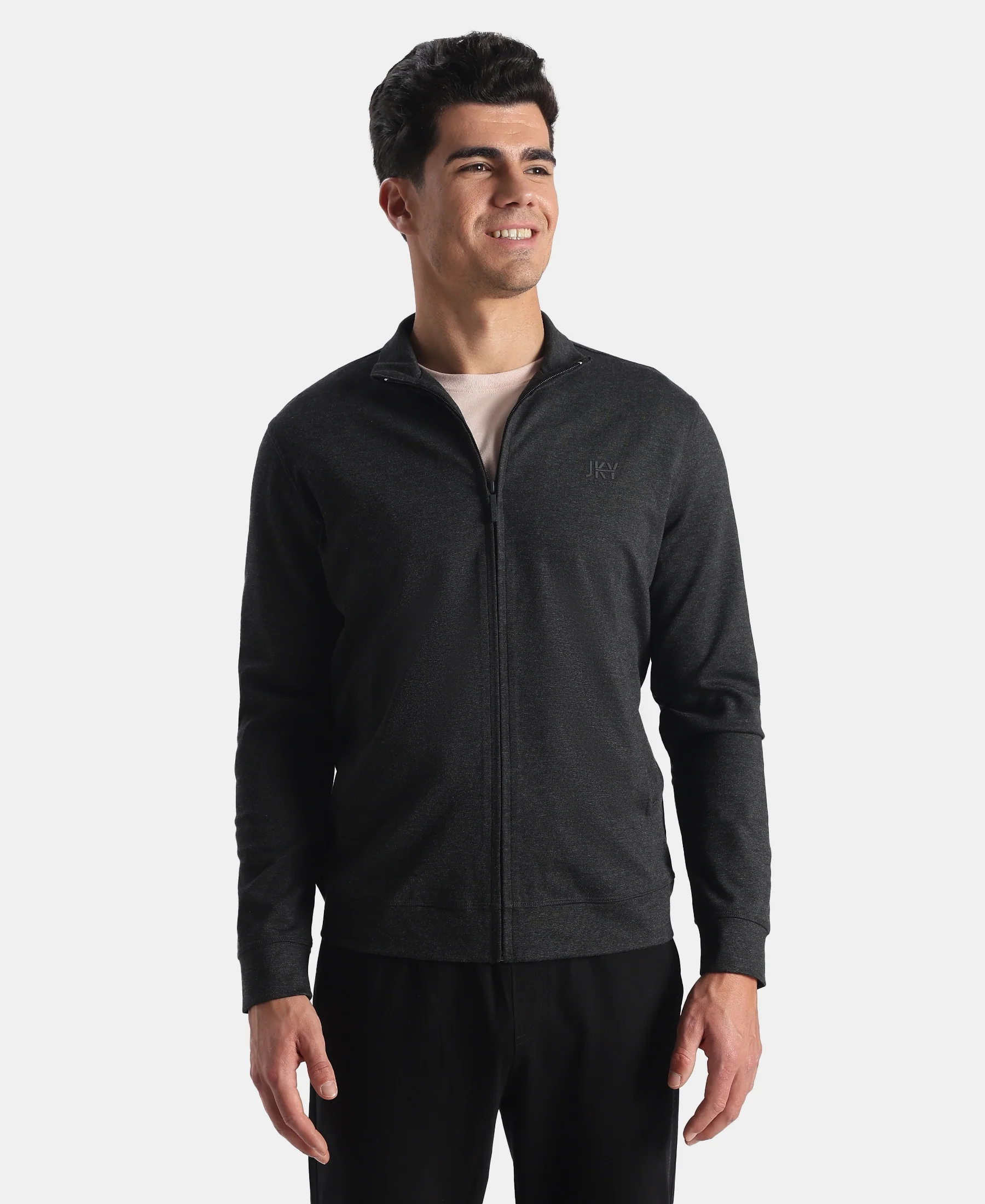 Rayon Nylon Elastane Stretch Jacket with Ribbed Cuffs - Black Melange