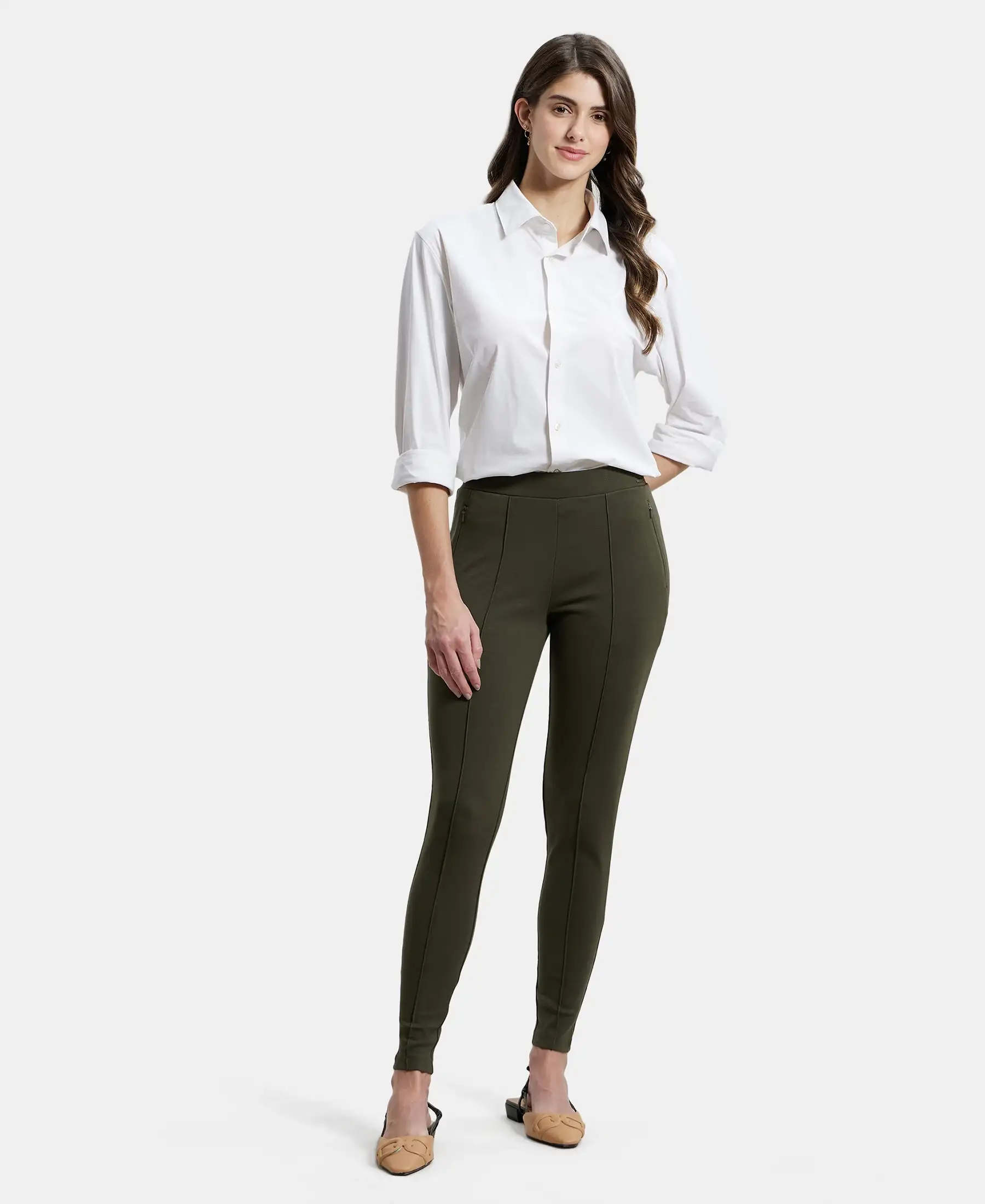 Rayon Nylon Elastane Stretch Treggings with Side Zipper Pockets - Deep Depths - Image 4