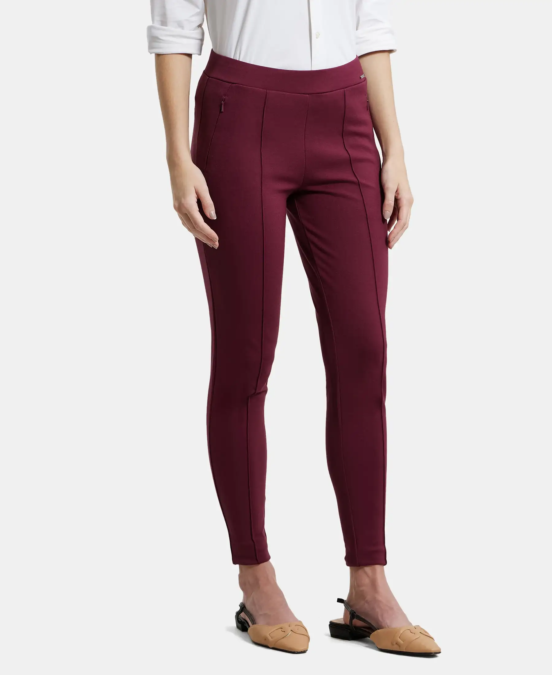 Rayon Nylon Elastane Stretch Treggings with Side Zipper Pockets - Fig - Image 2