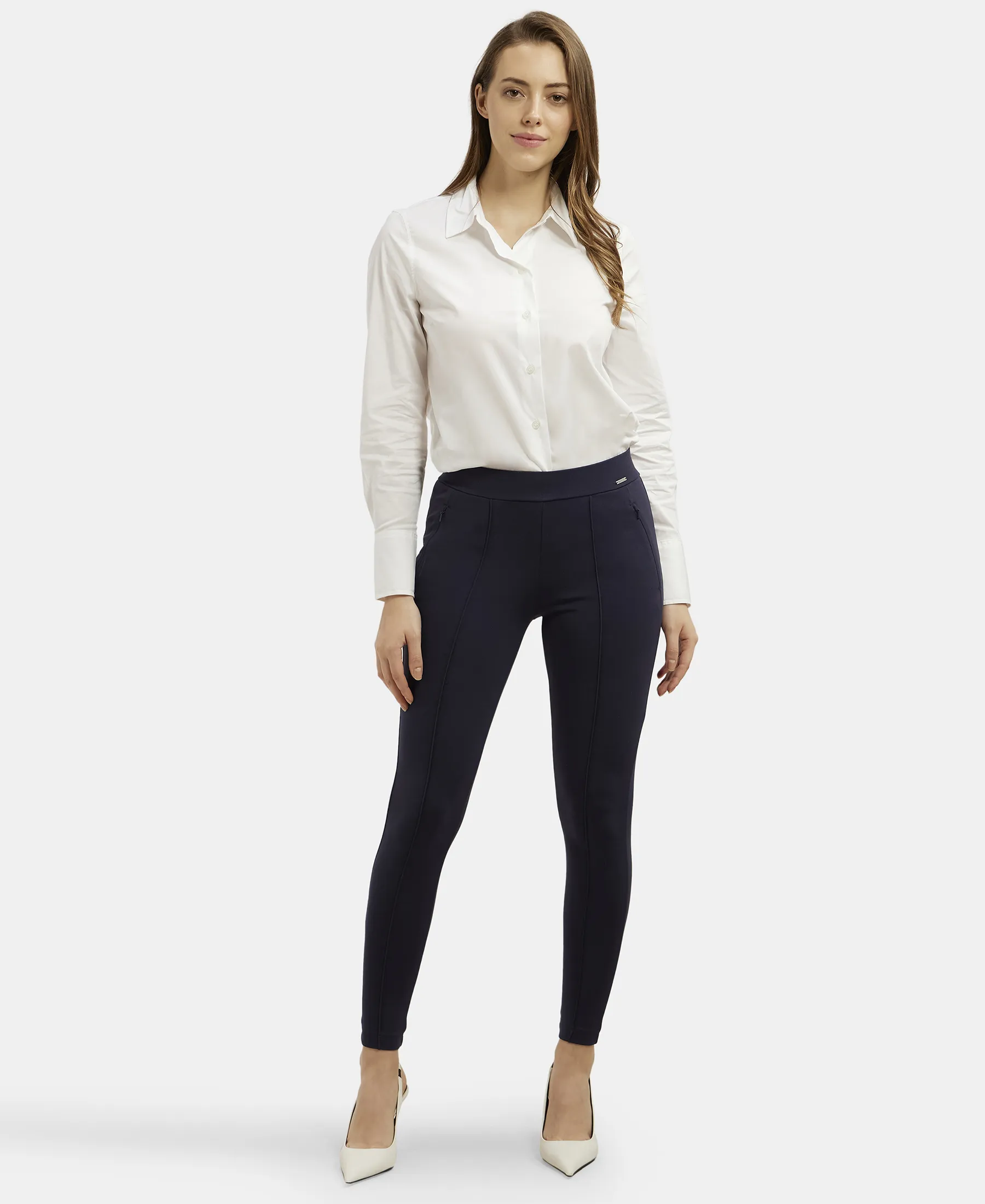 Rayon Nylon Elastane Stretch Treggings with Side Zipper Pockets - Navy Blazer - Image 4