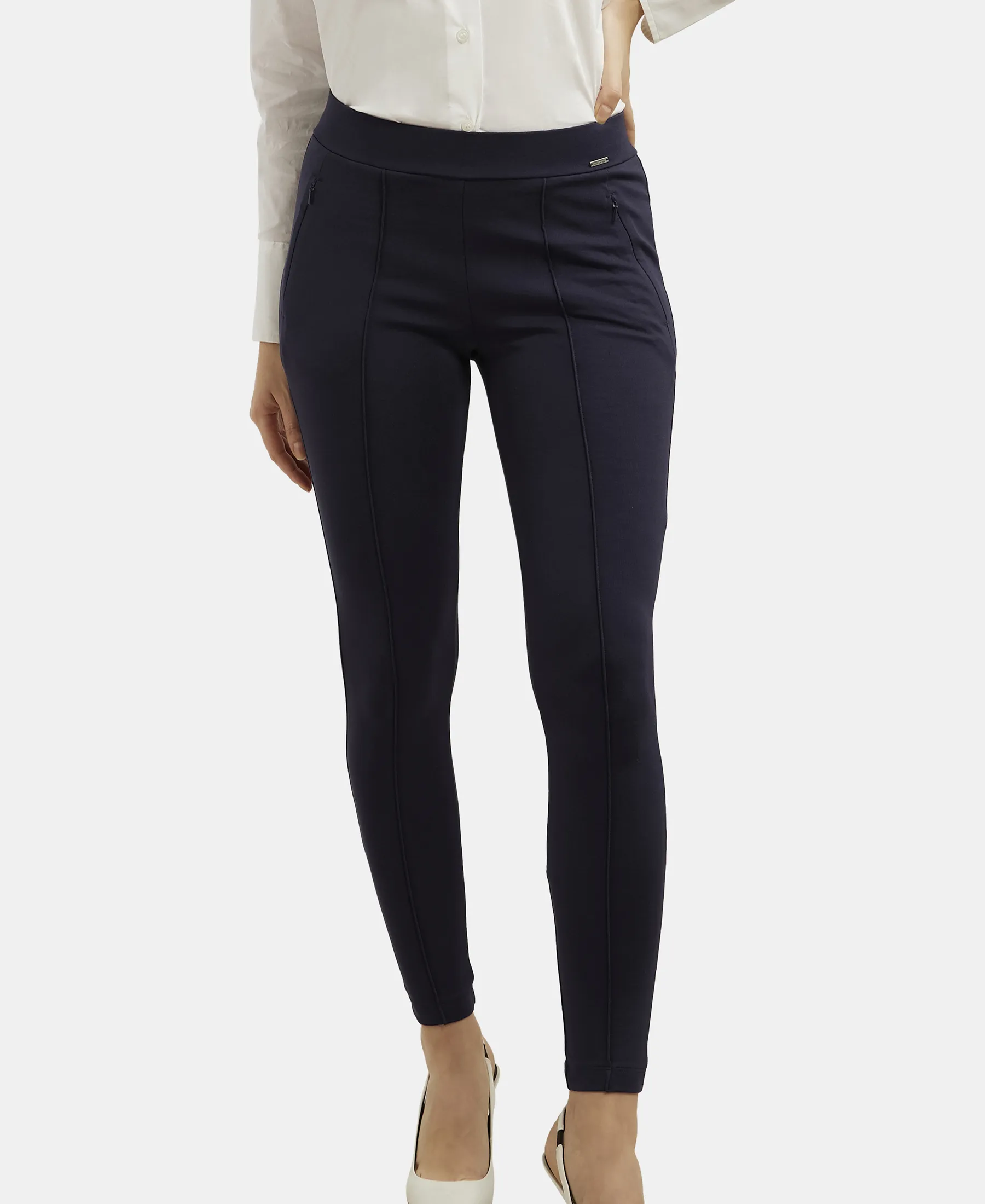 Rayon Nylon Elastane Stretch Treggings with Side Zipper Pockets - Navy Blazer - Image 5
