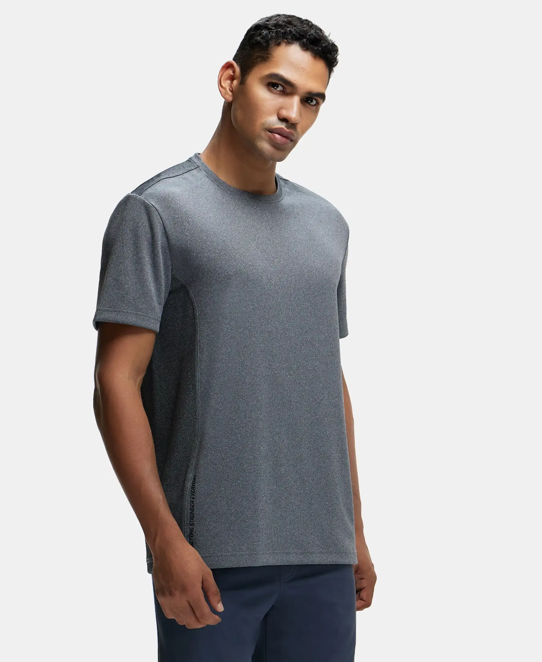 Recycled Microfiber Elastane Stretch Half Sleeve Round Neck T-Shirt with Breathable Mesh - Black - Image 2