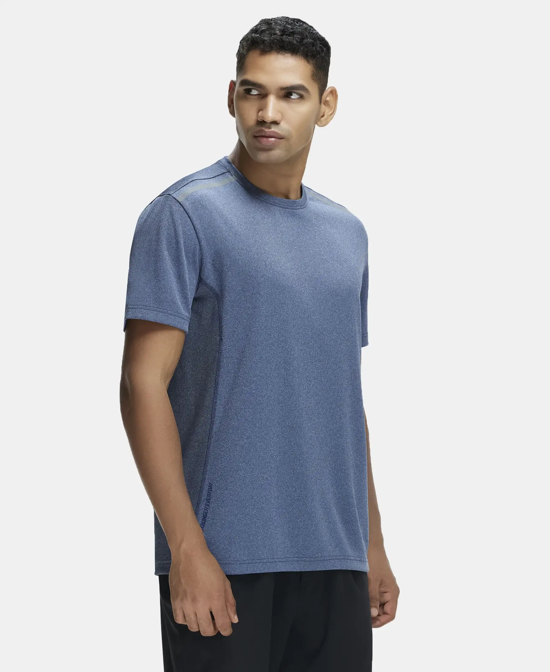 Recycled Microfiber Elastane Stretch Half Sleeve Round Neck T-Shirt with Breathable Mesh - Navy - Image 2