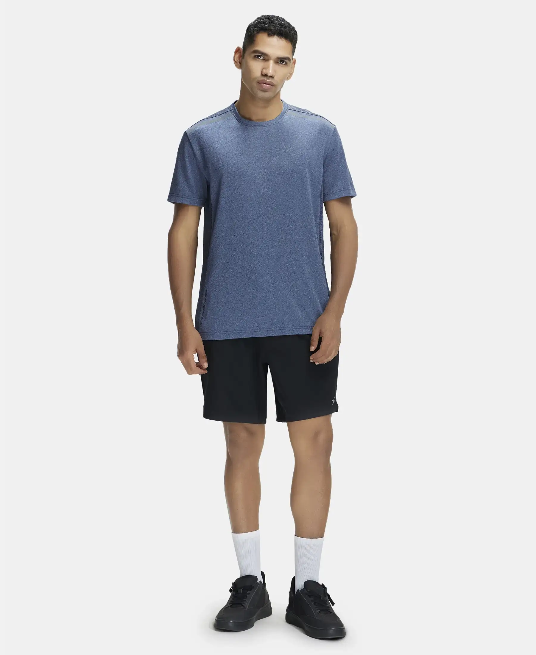 Recycled Microfiber Elastane Stretch Half Sleeve Round Neck T-Shirt with Breathable Mesh - Navy - Image 4