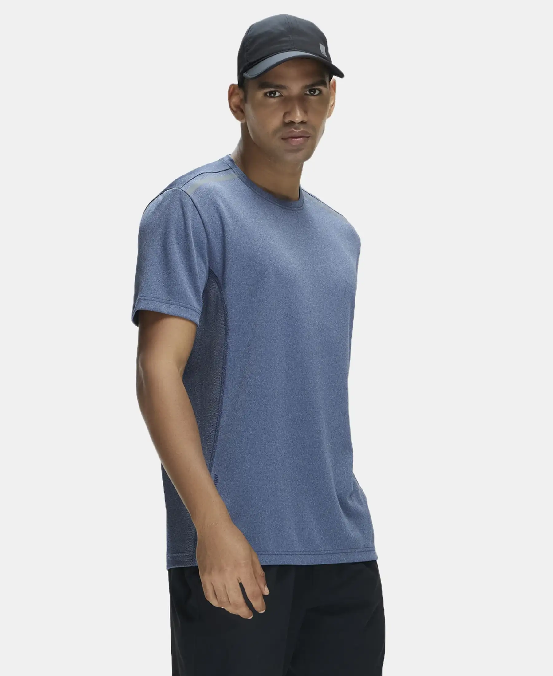 Recycled Microfiber Elastane Stretch Half Sleeve Round Neck T-Shirt with Breathable Mesh - Navy - Image 5