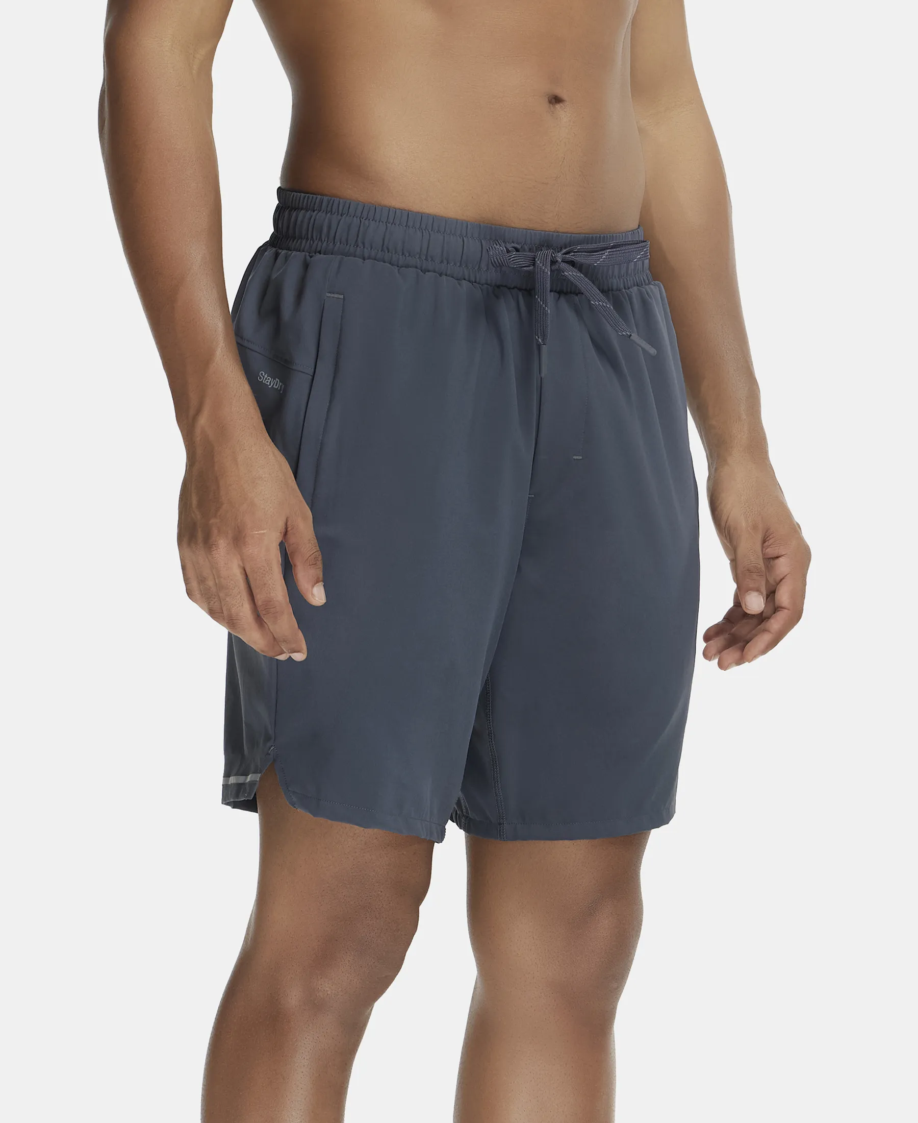 Recycled Microfiber Elastane Stretch Solid Shorts with Zipper Pockets and StayFresh Treatment - Graphite - Image 2