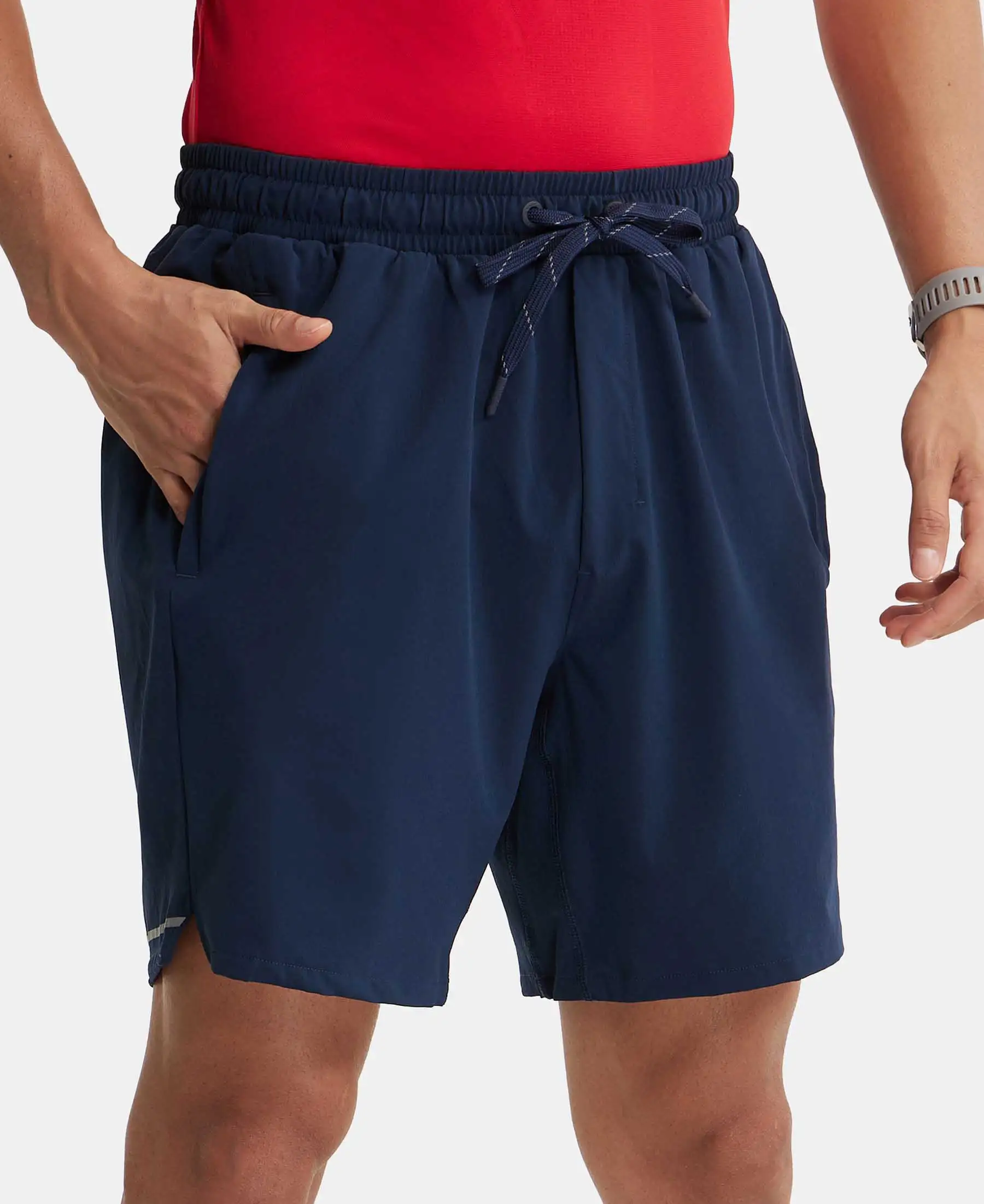 Recycled Microfiber Elastane Stretch Solid Shorts with Zipper Pockets and StayFresh Treatment - Navy - Image 2