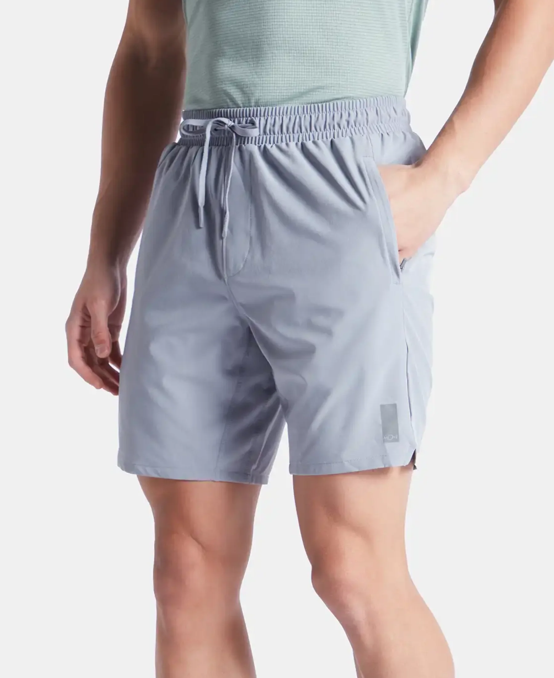 Recycled Microfiber Elastane Stretch Solid Shorts with Zipper Pockets and StayFresh Treatment - Grey - Image 2
