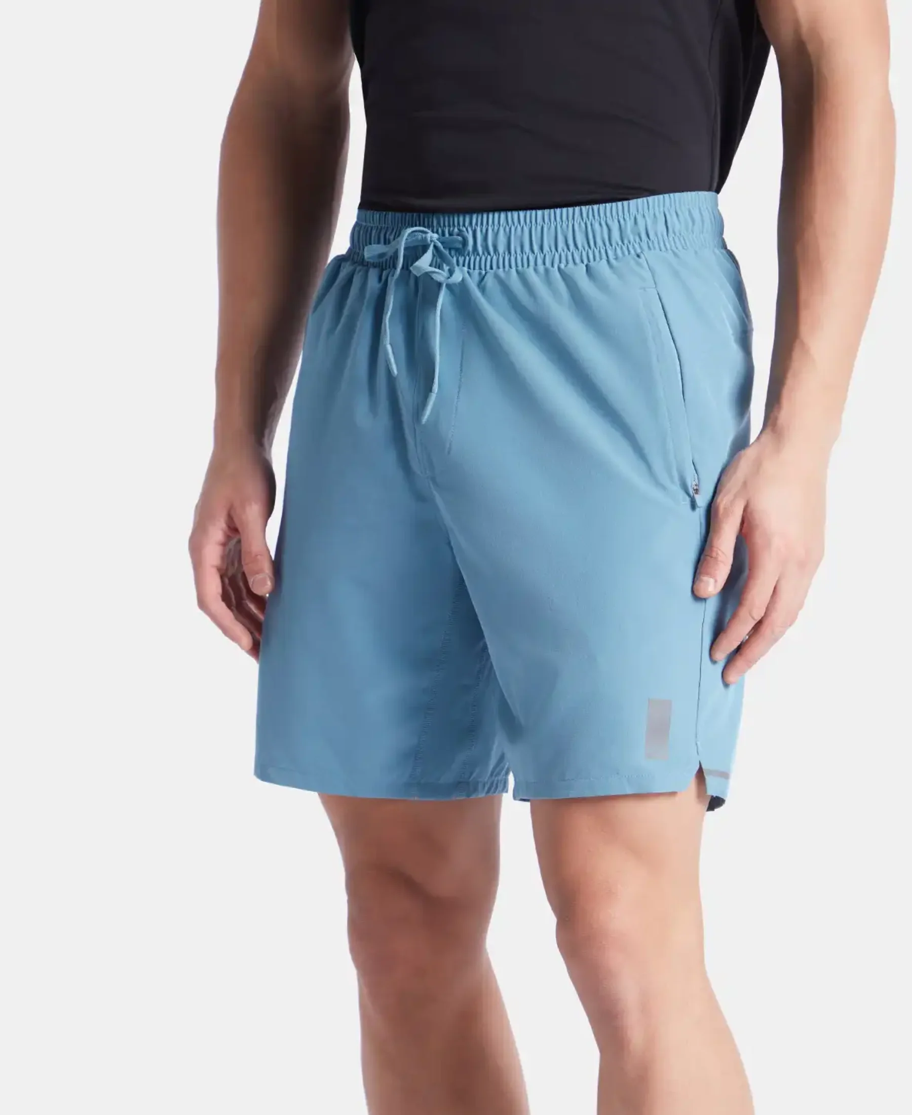 Recycled Microfiber Elastane Stretch Solid Shorts with Zipper Pockets and StayFresh Treatment - Provincial Blue - Image 2