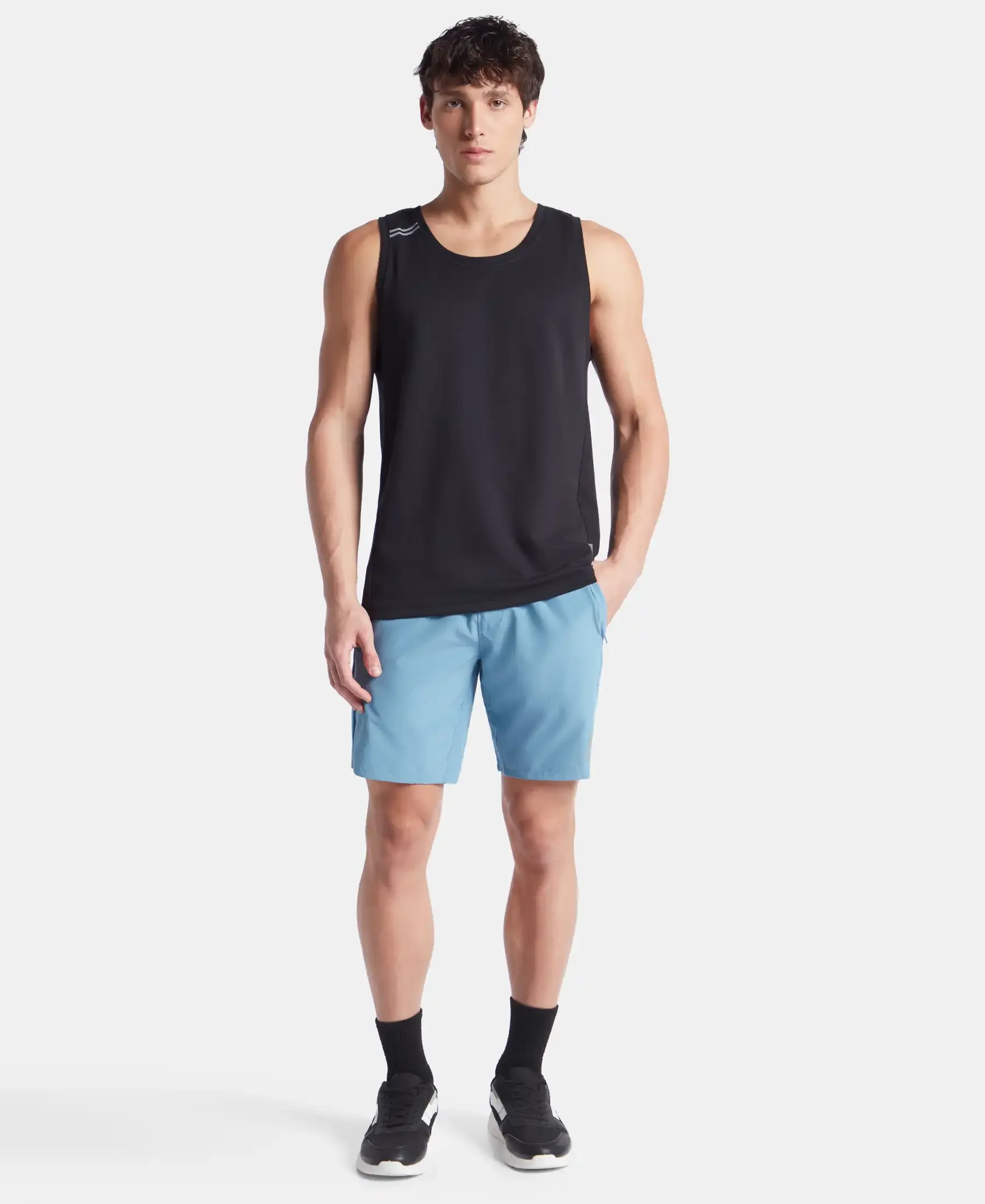 Recycled Microfiber Elastane Stretch Solid Shorts with Zipper Pockets and StayFresh Treatment - Provincial Blue - Image 4