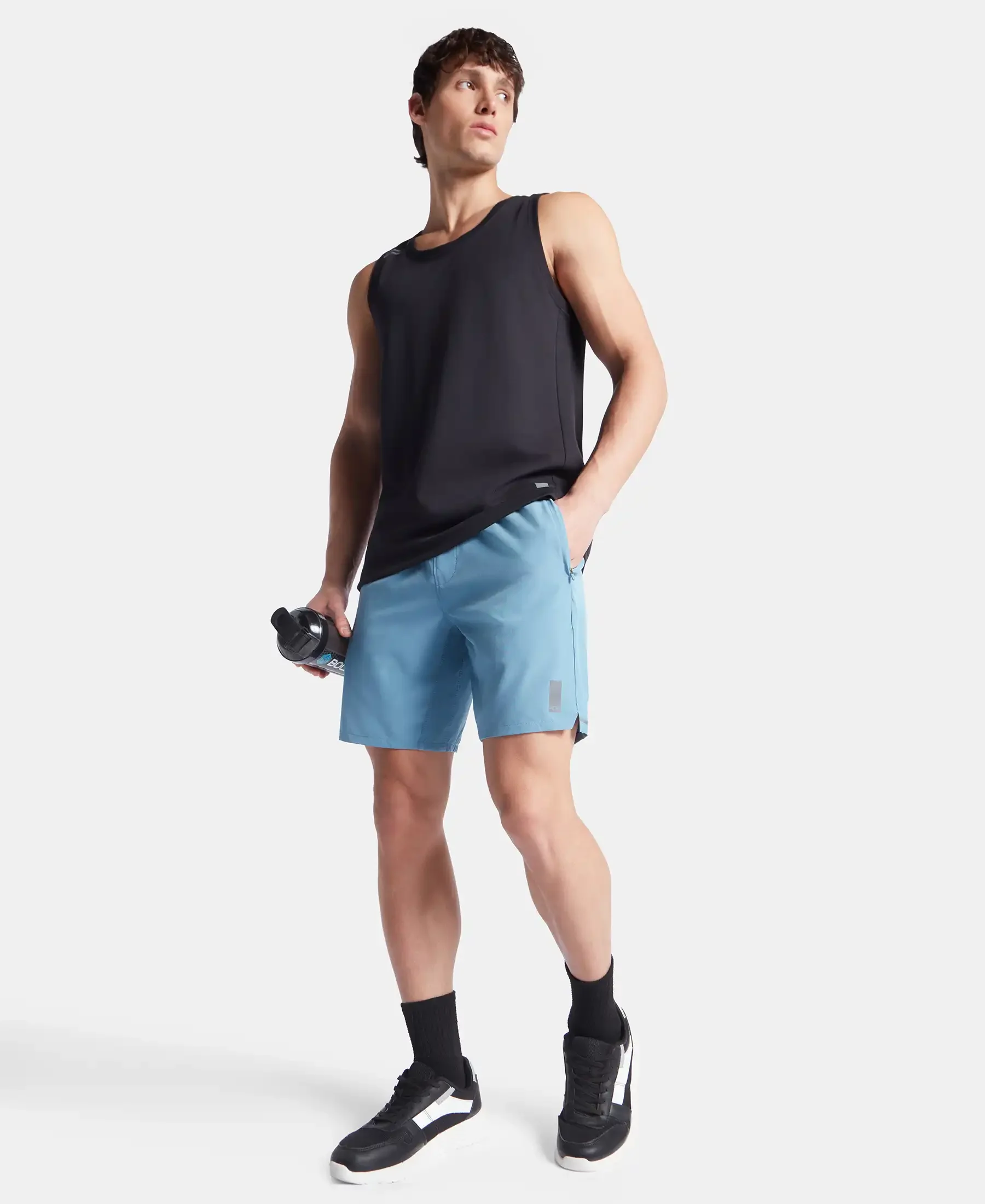 Recycled Microfiber Elastane Stretch Solid Shorts with Zipper Pockets and StayFresh Treatment - Provincial Blue - Image 6