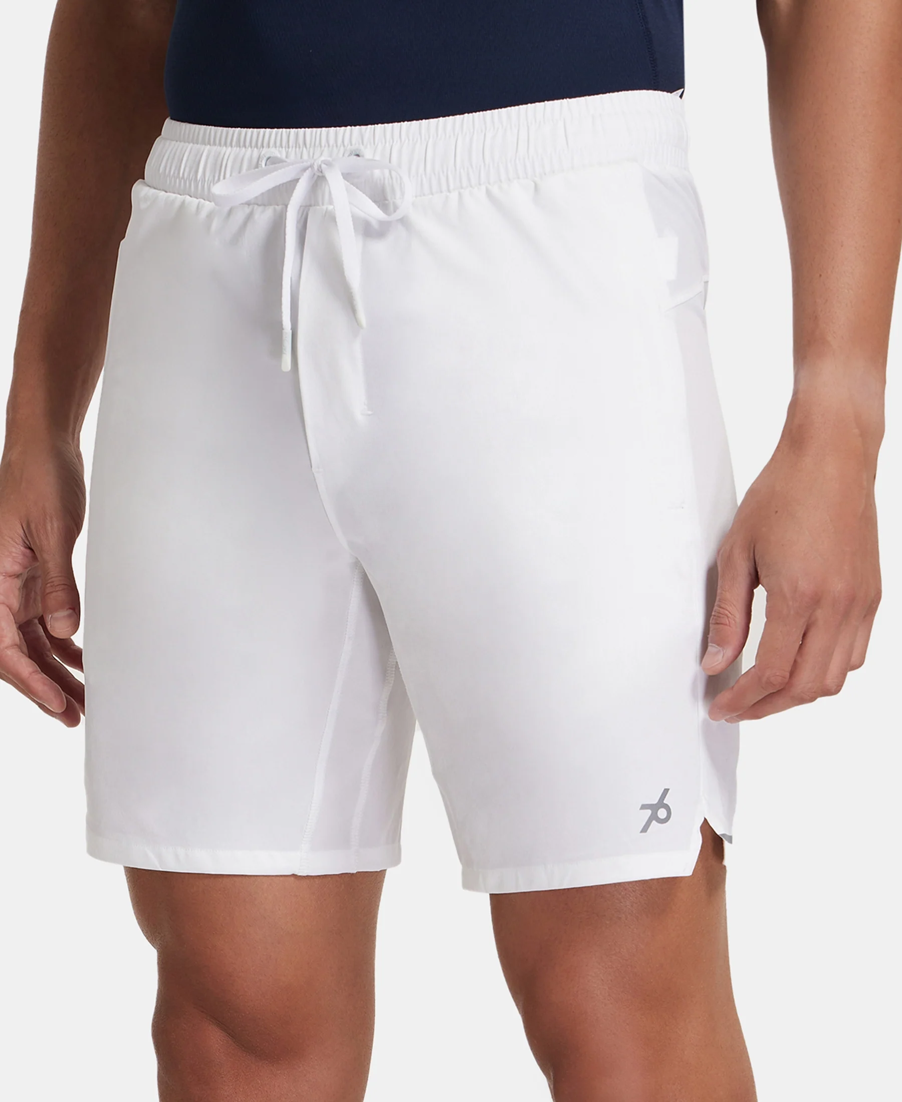 Recycled Microfiber Elastane Stretch Solid Shorts with Zipper Pockets and StayFresh Treatment - White - Image 2