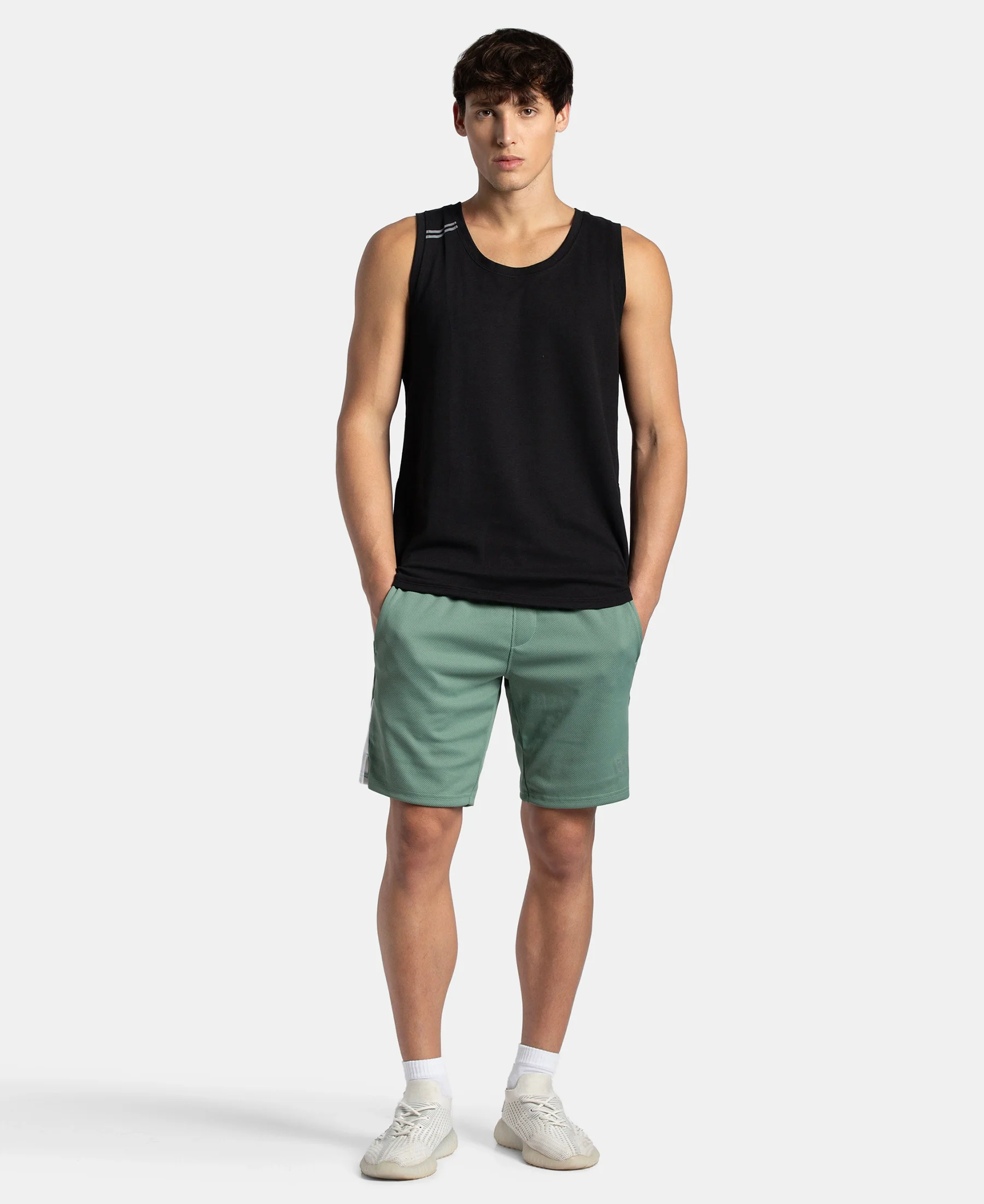 Recycled Microfiber Straight Fit Shorts with StayFresh Treatment - Green & White - Image 4