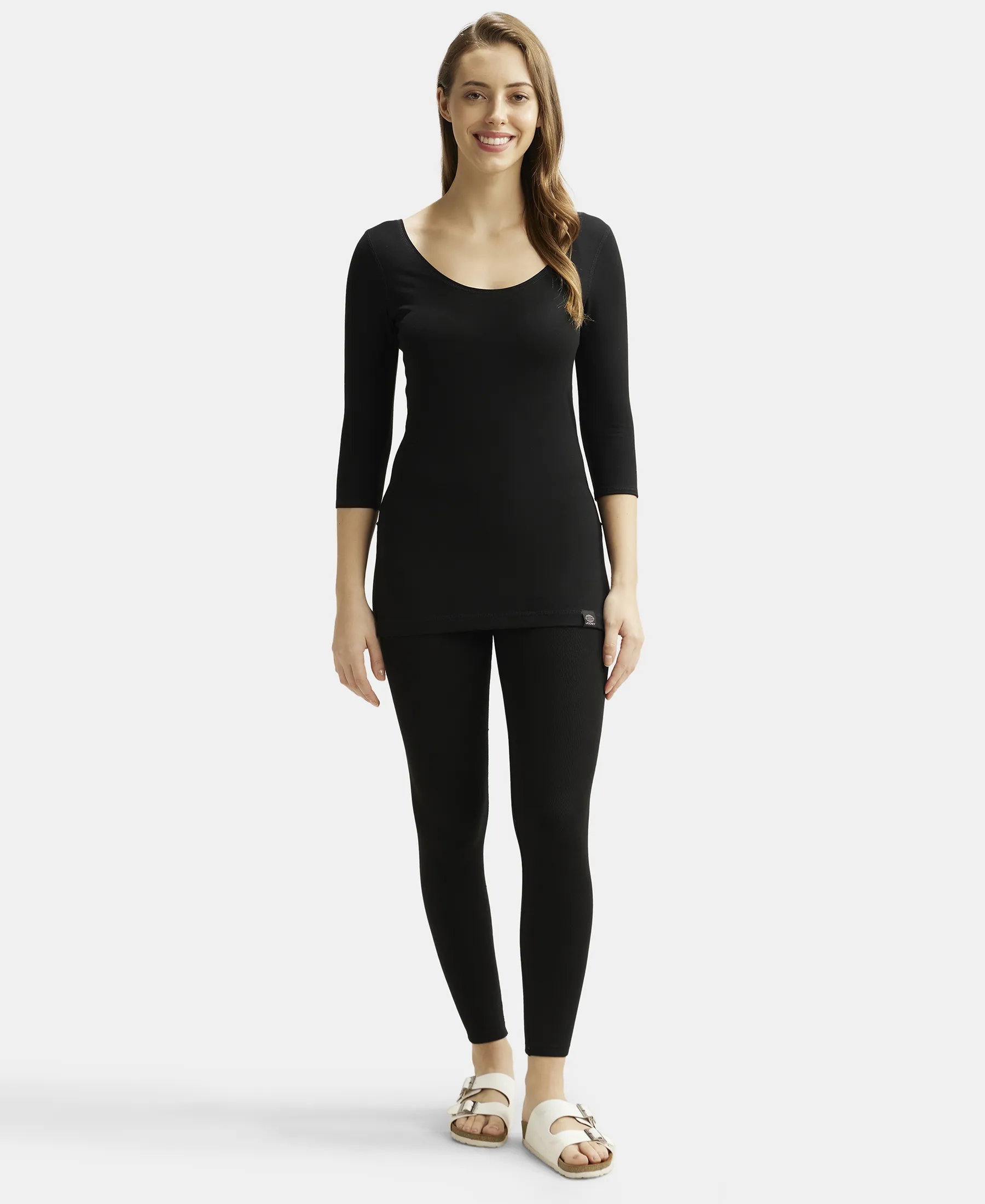 Warmth Soft Touch Microfiber Elastane Stretch Three Quarter Sleeve Thermal Top with StayWarm Technology - Black - Image 4