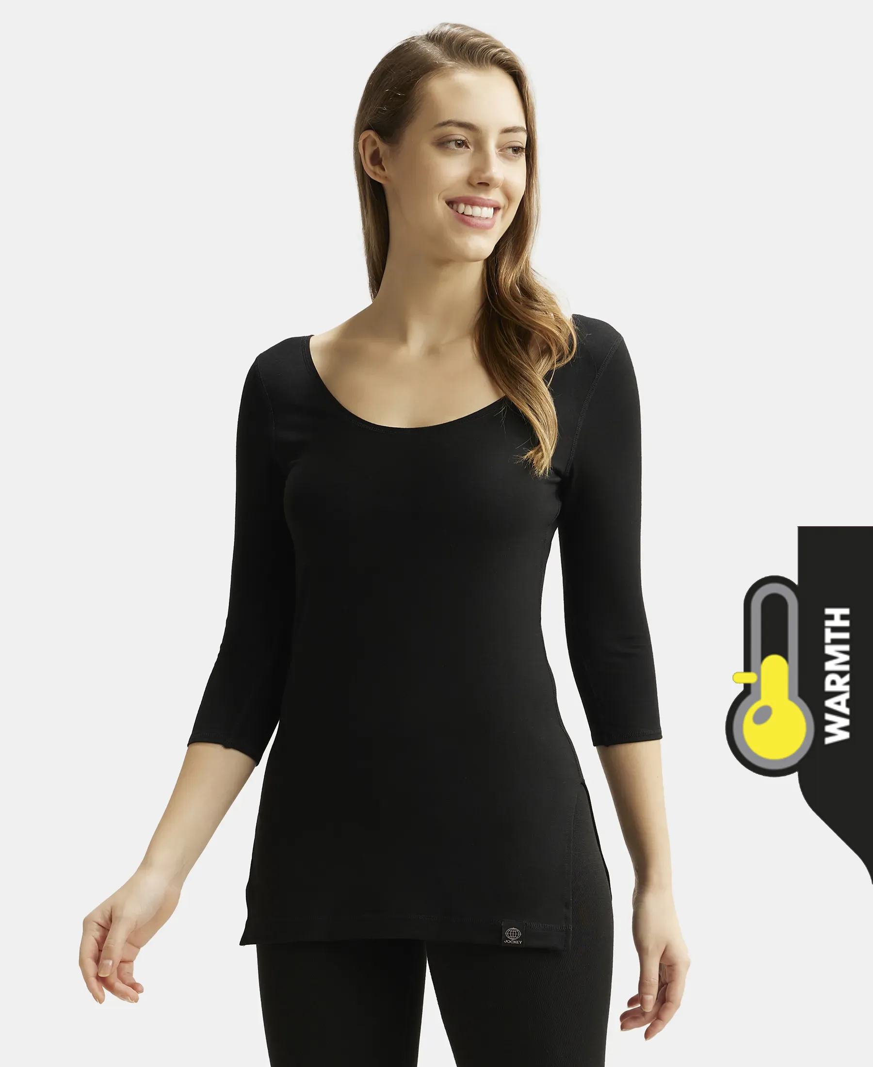 Warmth Soft Touch Microfiber Elastane Stretch Three Quarter Sleeve Thermal Top with StayWarm Technology - Black - Image 5