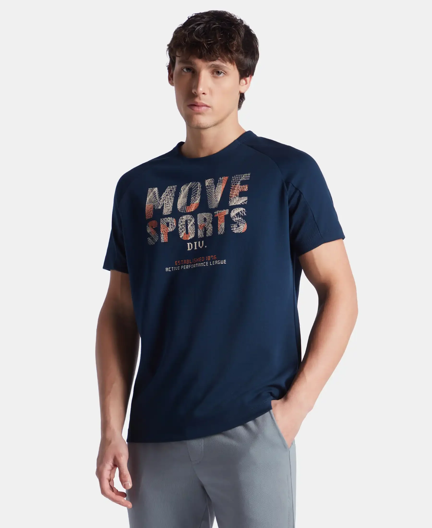 Super Combed Cotton Blend Graphic Printed Round Neck Half Sleeve T-Shirt with Stay Fresh Treatment - Navy New - Image 2
