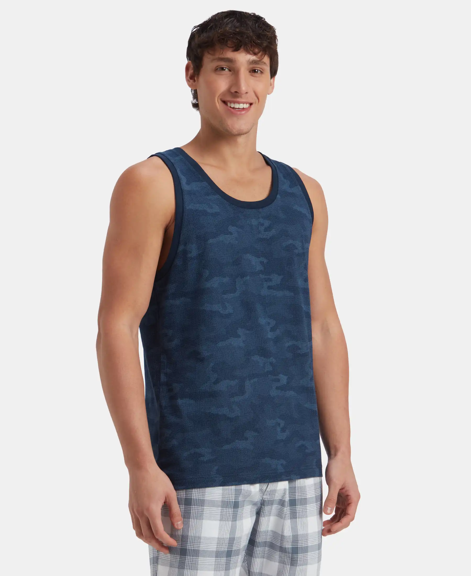 Super Combed Cotton Blend Printed Tank Top - Navy - Image 2