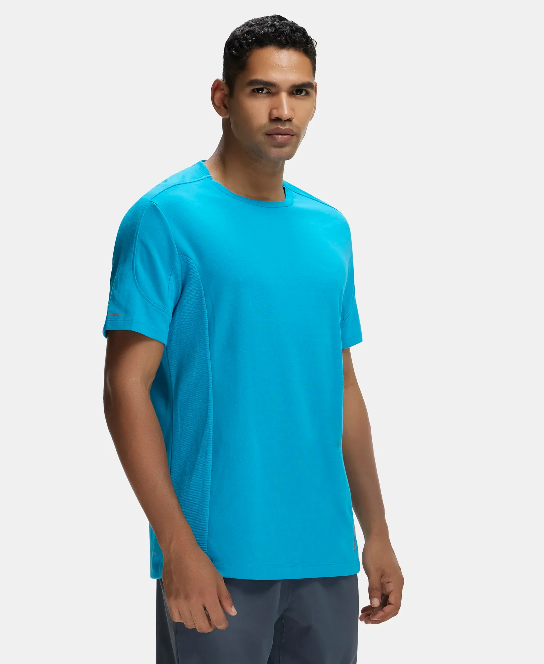 Super Combed Cotton Blend Solid Round Neck Half Sleeve T-Shirt with Breathable Mesh - Caribbean Sea - Image 2