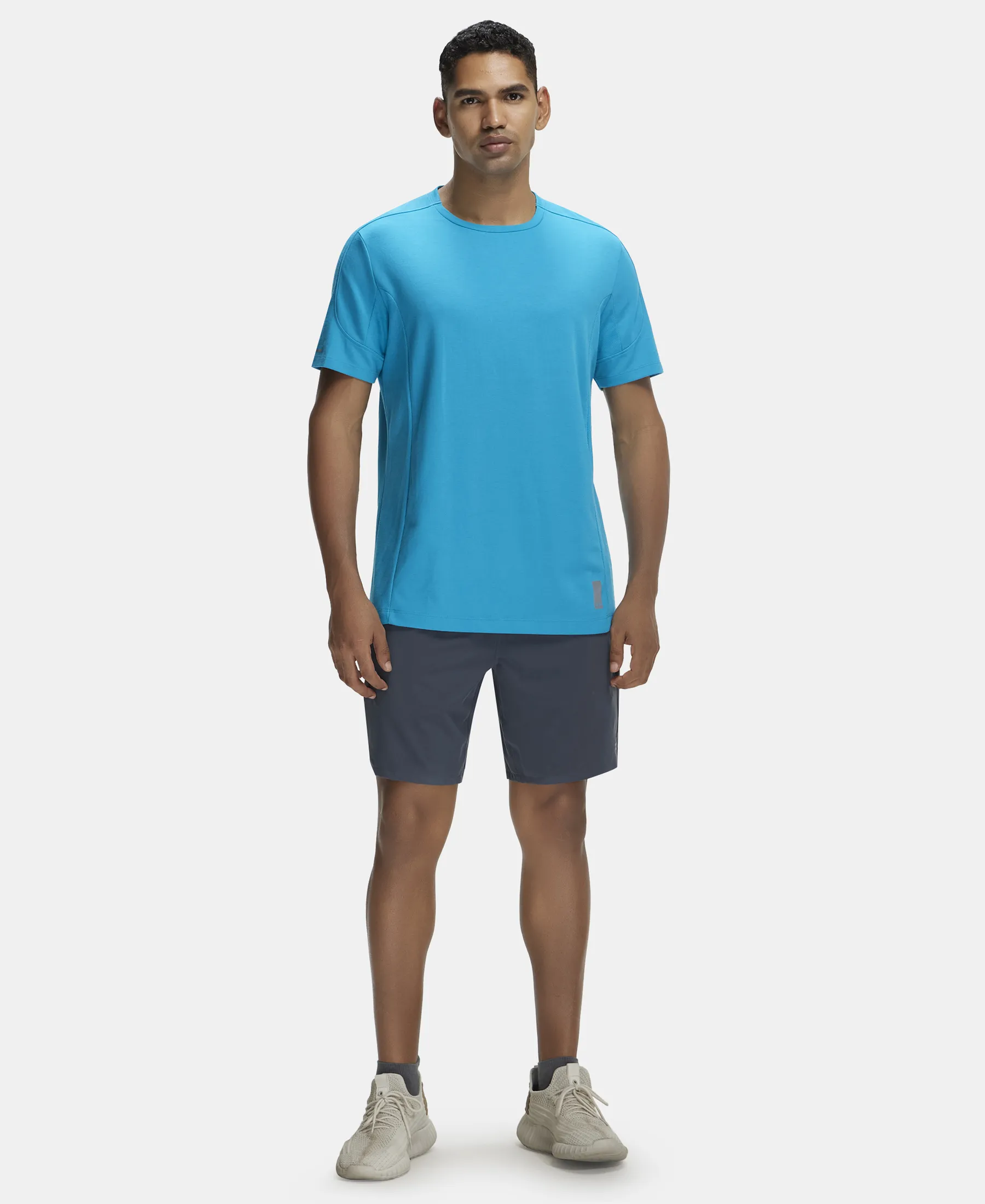 Super Combed Cotton Blend Solid Round Neck Half Sleeve T-Shirt with Breathable Mesh - Caribbean Sea - Image 4