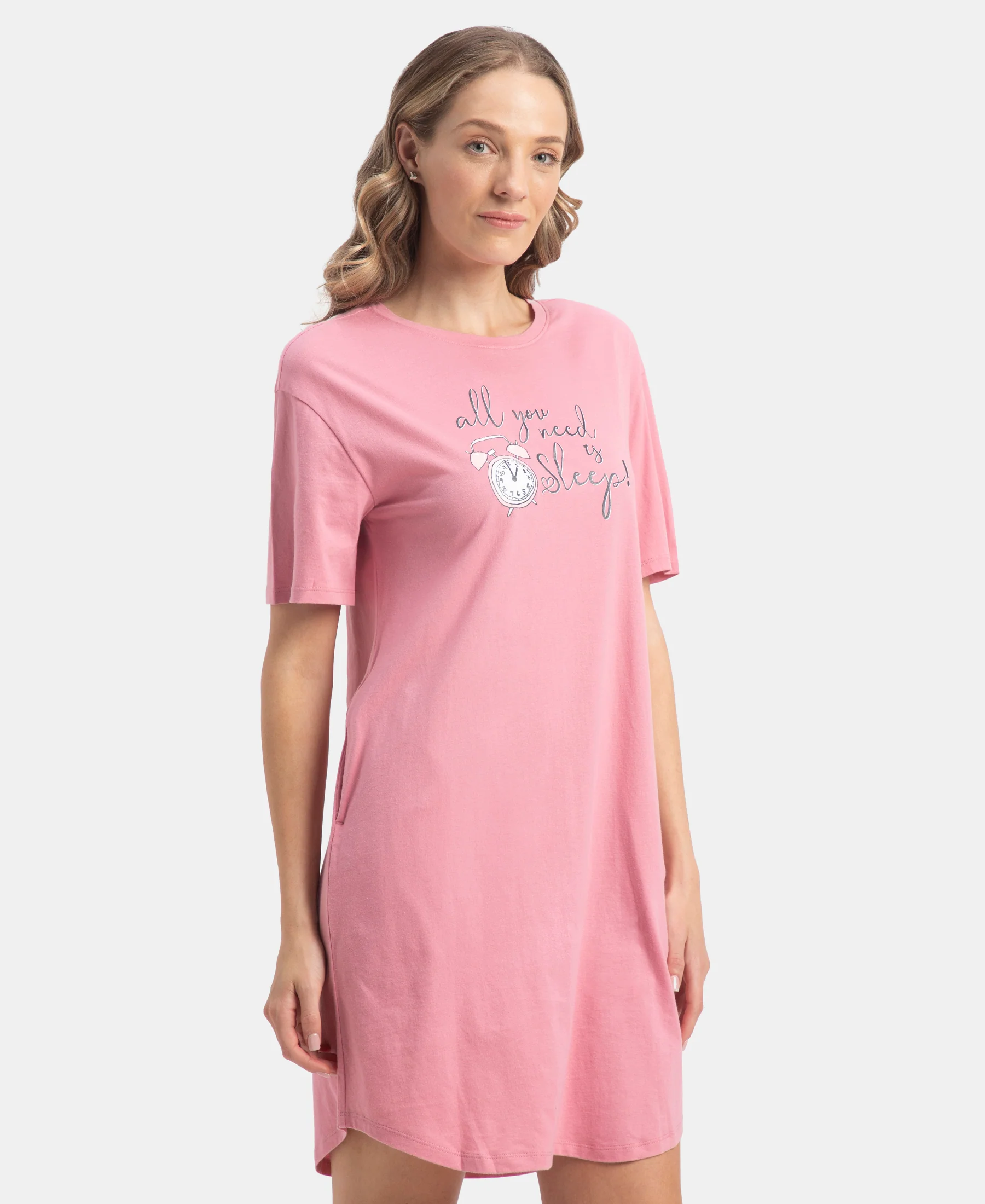 Super Combed Cotton Drop Shoulder Styled Curved Hem Printed Lounge Dress With Side Pockets - Cashmere Rose - Image 2