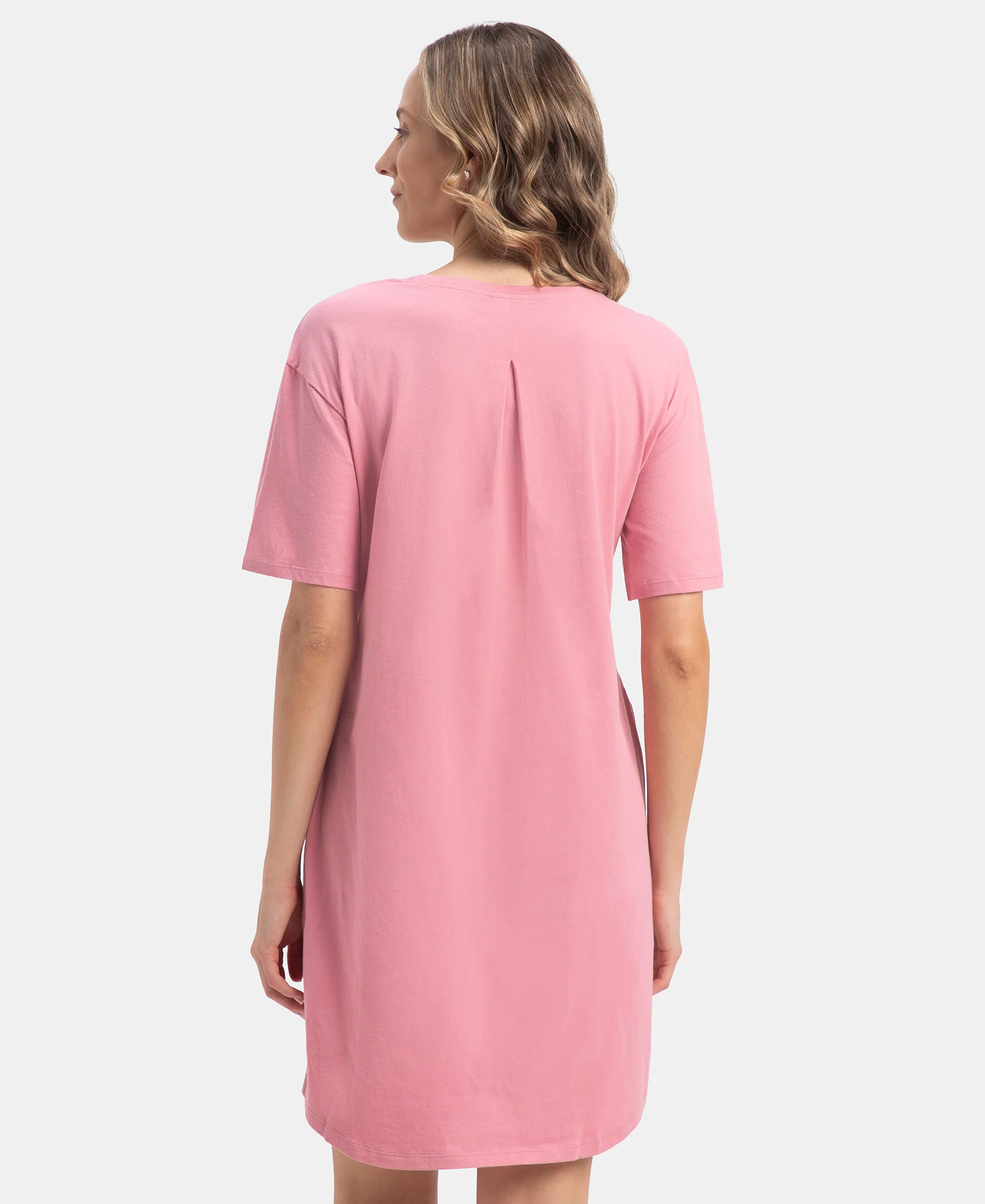 Super Combed Cotton Drop Shoulder Styled Curved Hem Printed Lounge Dress With Side Pockets - Cashmere Rose - Image 3