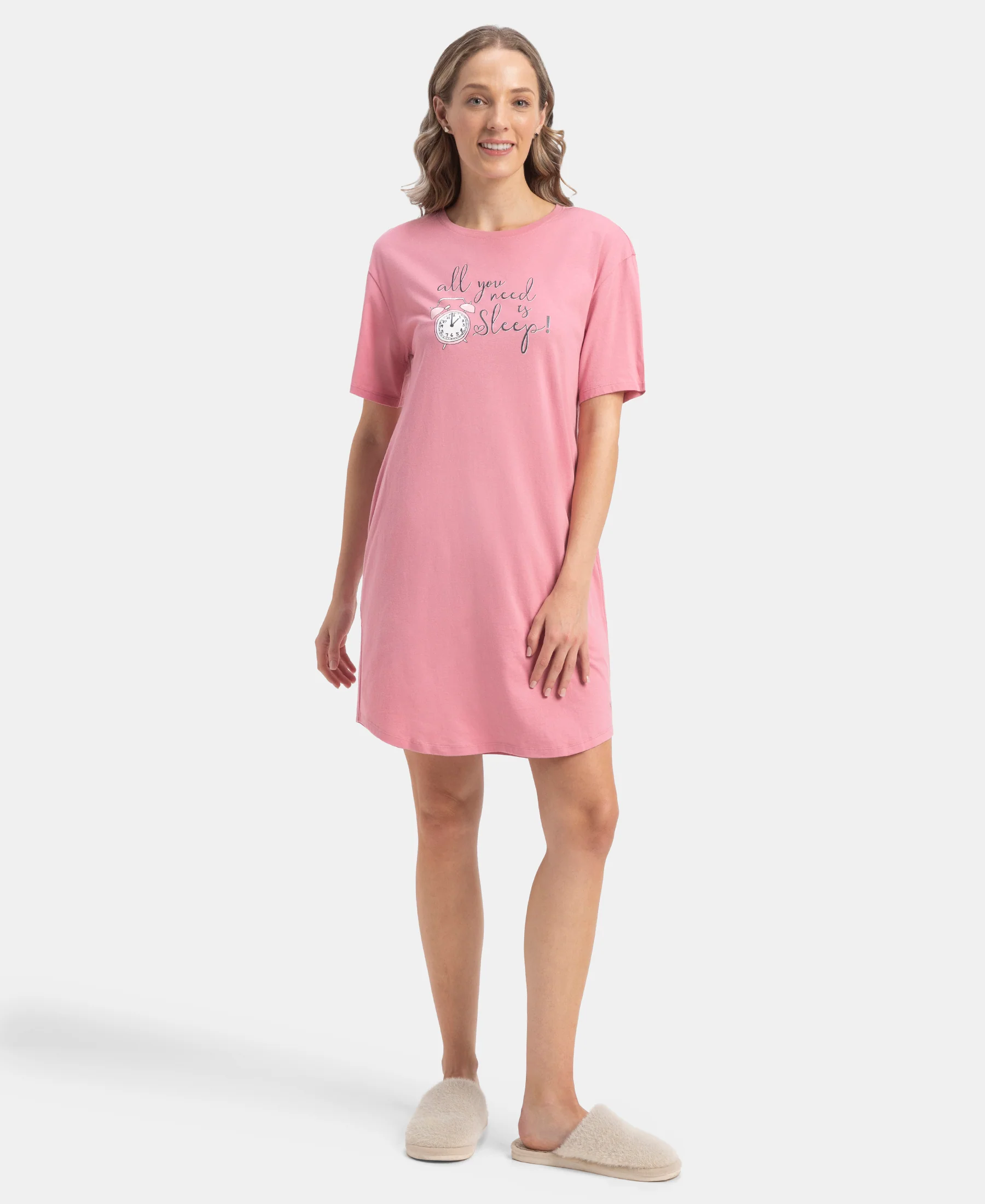Super Combed Cotton Drop Shoulder Styled Curved Hem Printed Lounge Dress With Side Pockets - Cashmere Rose - Image 4