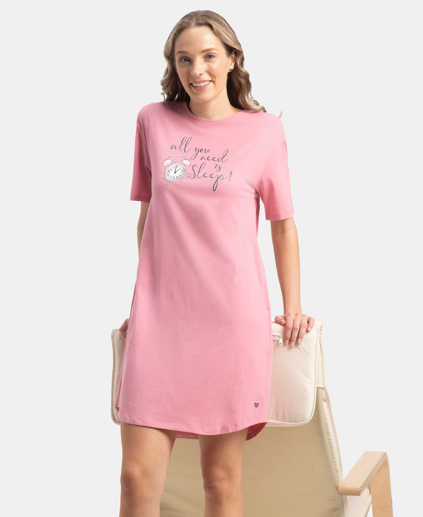 Super Combed Cotton Drop Shoulder Styled Curved Hem Printed Lounge Dress With Side Pockets - Cashmere Rose - Image 5