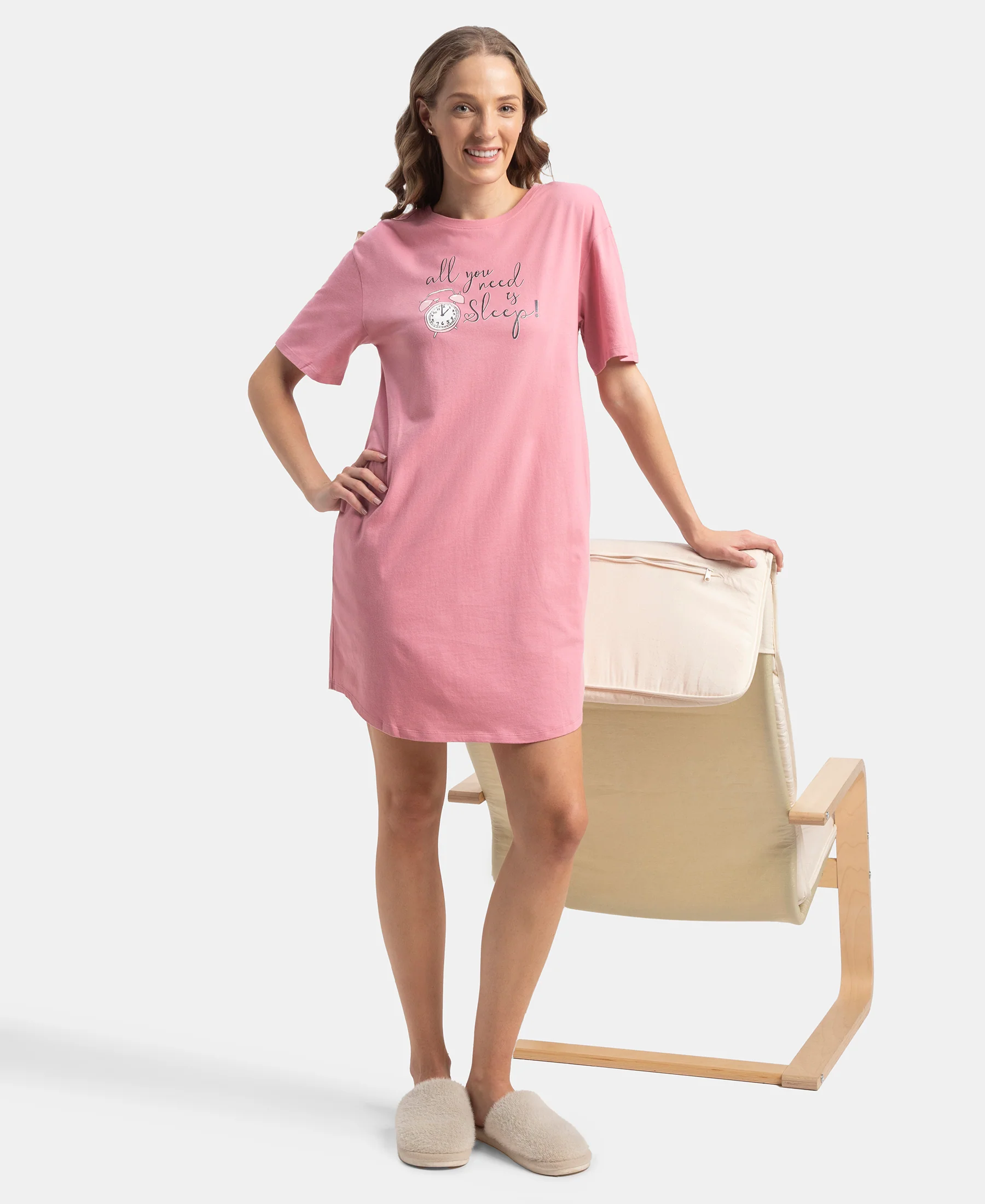 Super Combed Cotton Drop Shoulder Styled Curved Hem Printed Lounge Dress With Side Pockets - Cashmere Rose - Image 6