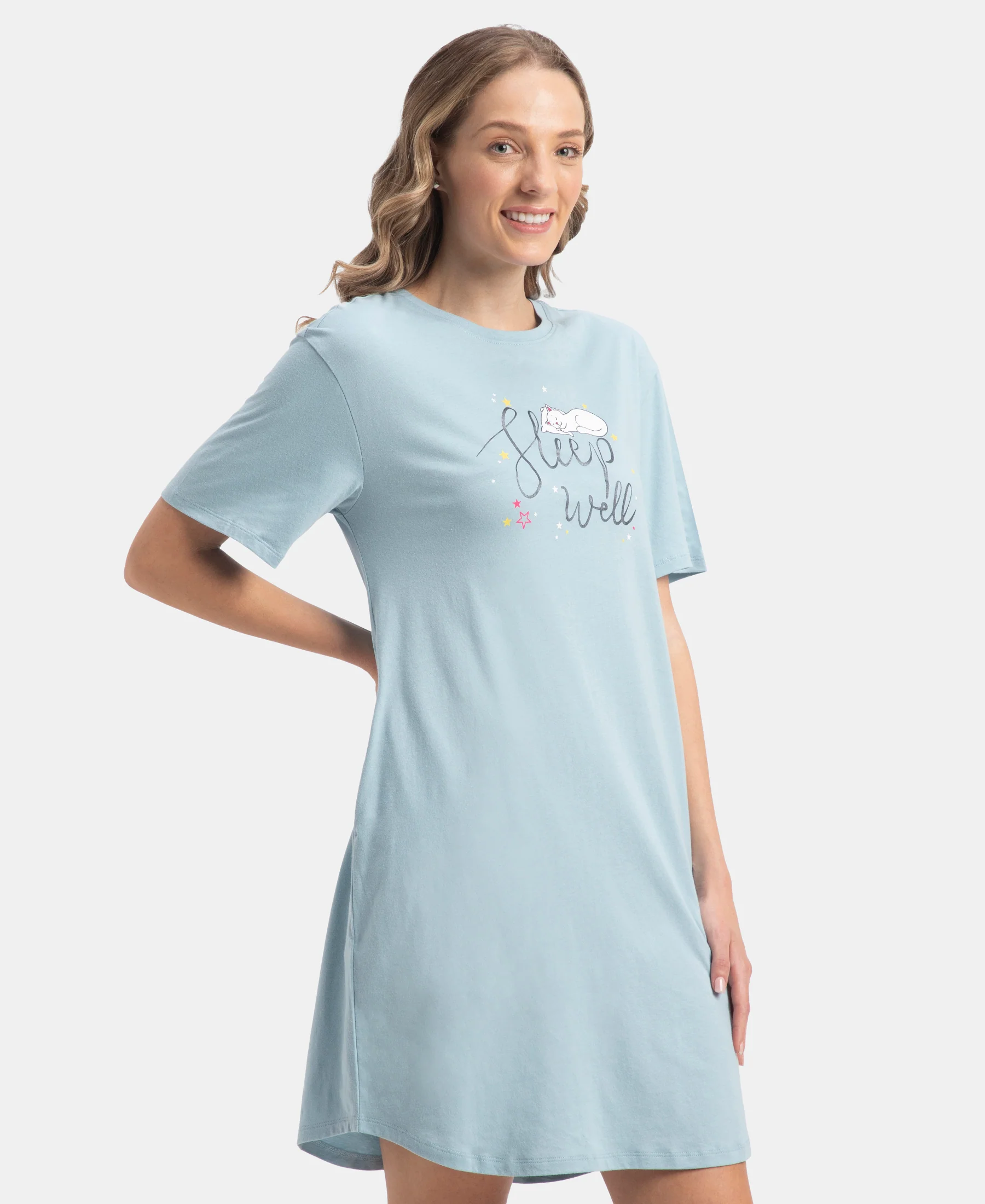 Super Combed Cotton Drop Shoulder Styled Curved Hem Printed Lounge Dress With Side Pockets - Forget Me Not - Image 2