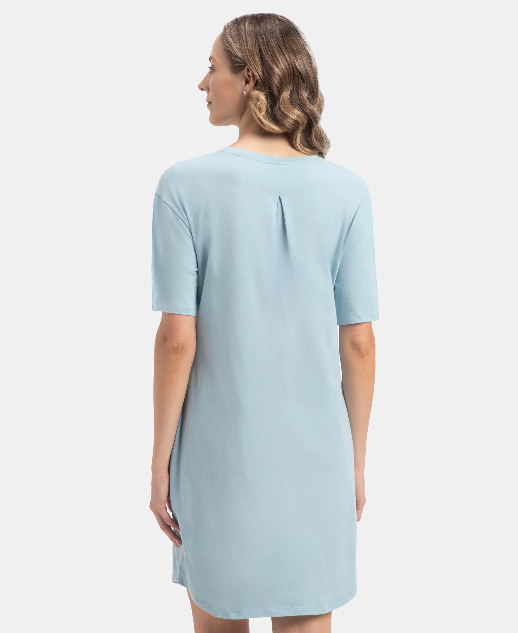 Super Combed Cotton Drop Shoulder Styled Curved Hem Printed Lounge Dress With Side Pockets - Forget Me Not - Image 3
