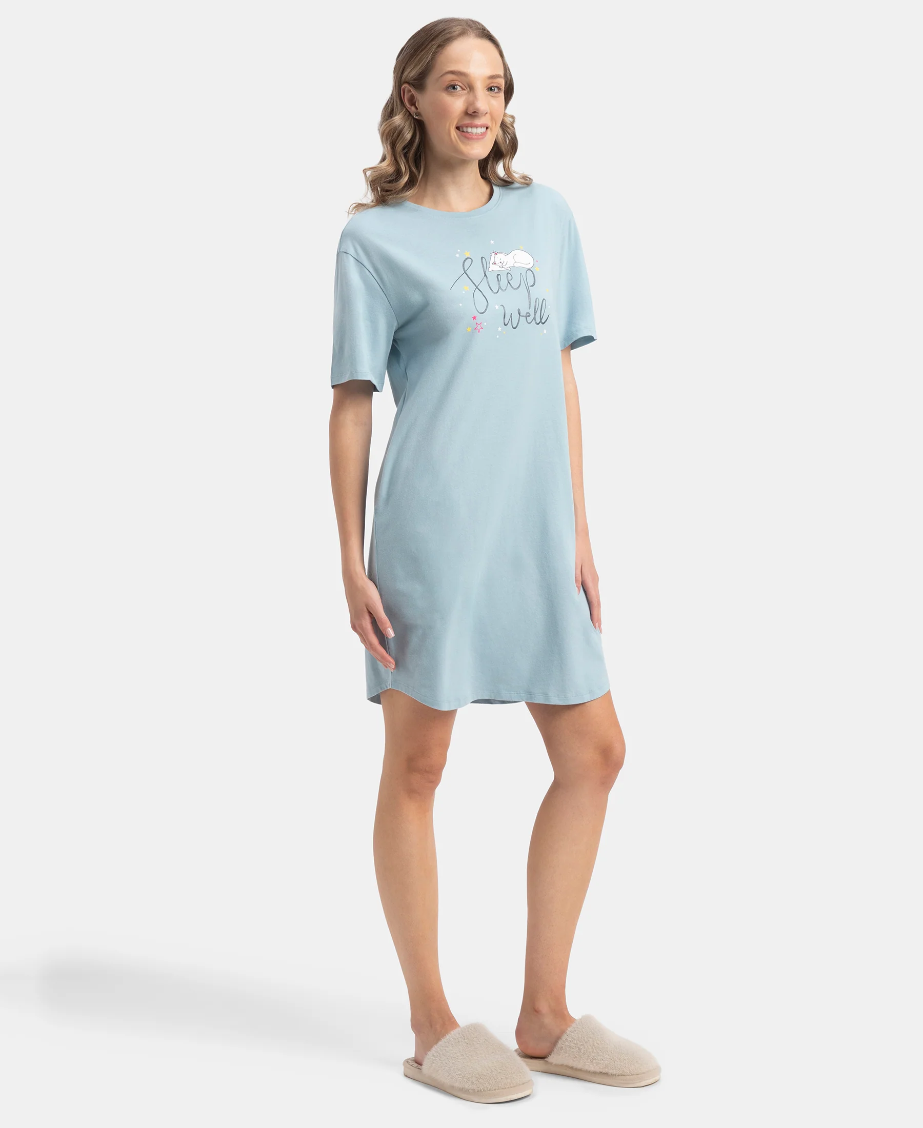 Super Combed Cotton Drop Shoulder Styled Curved Hem Printed Lounge Dress With Side Pockets - Forget Me Not - Image 4