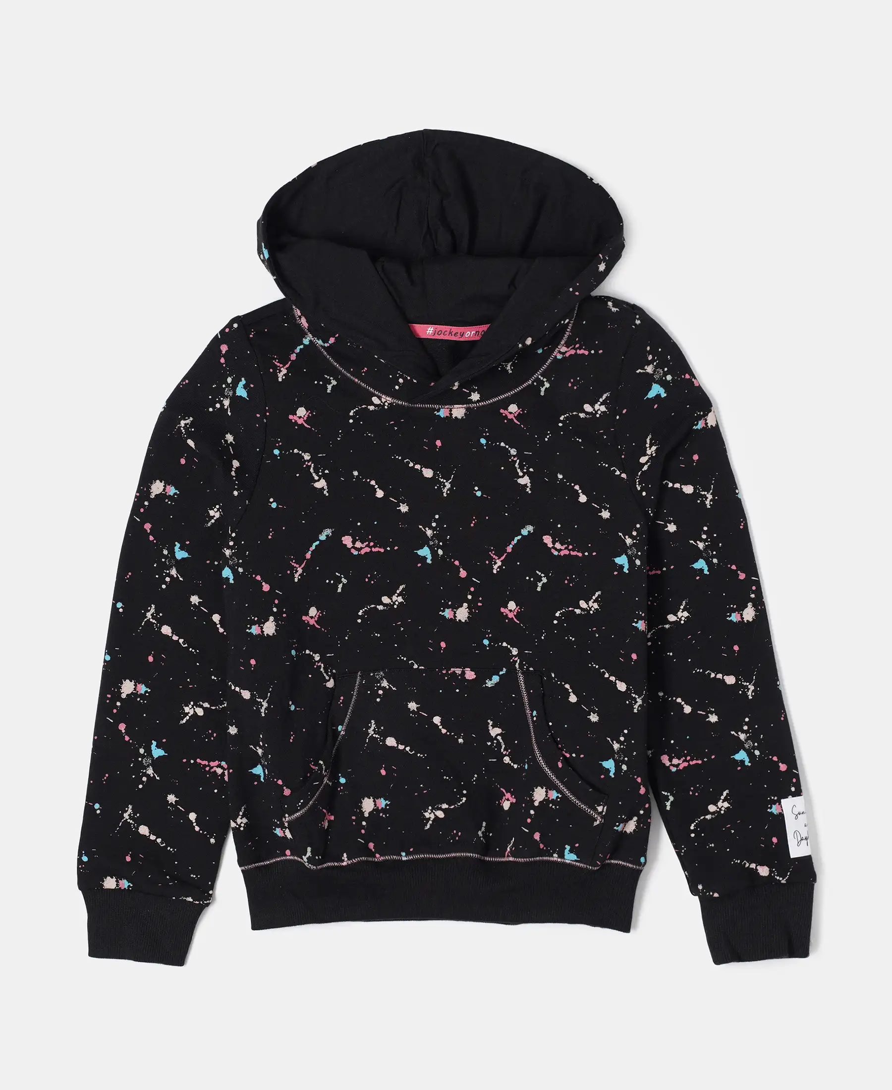 Girl's Super Combed Cotton Elastane Stretch French Terry Printed Hoodie Sweatshirt - Black Printed
