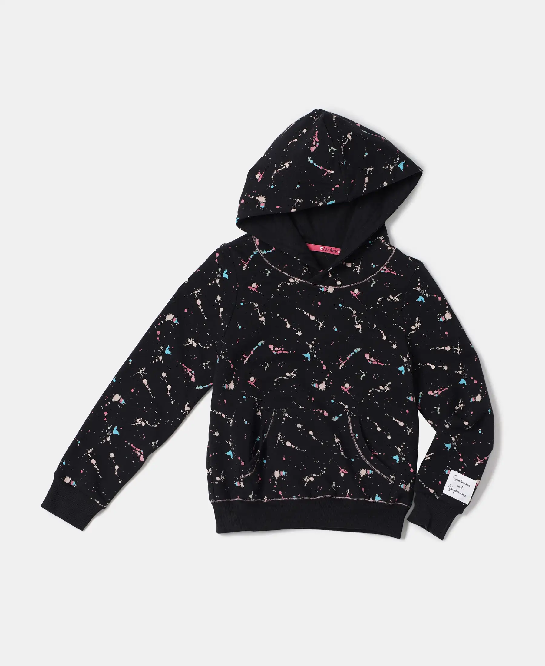 Girl's Super Combed Cotton Elastane Stretch French Terry Printed Hoodie Sweatshirt - Black Printed - Image 5
