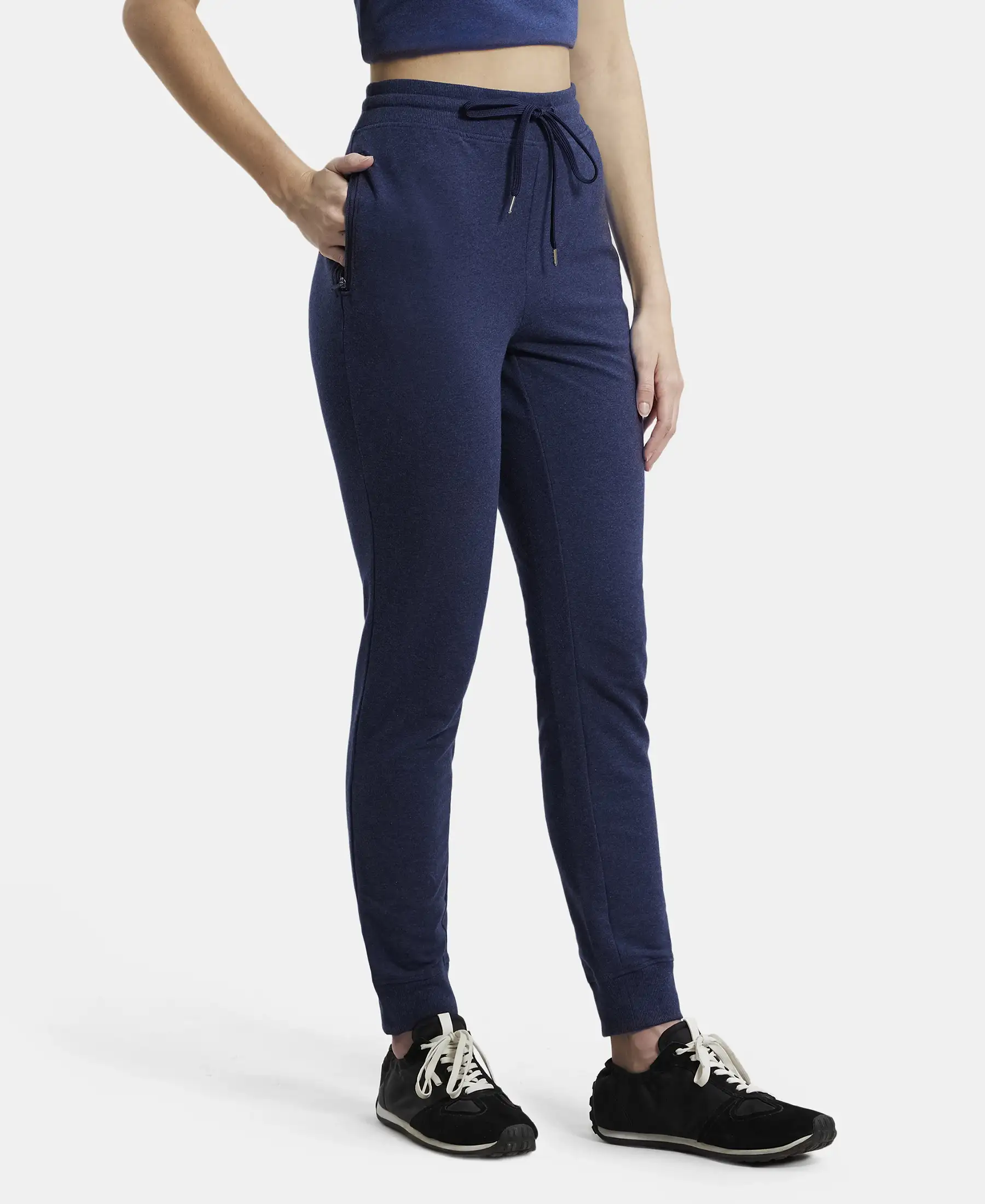 Super Combed Cotton Elastane French Terry Relaxed Fit Joggers With Zipper Pockets - Ink Blue Melange - Image 2