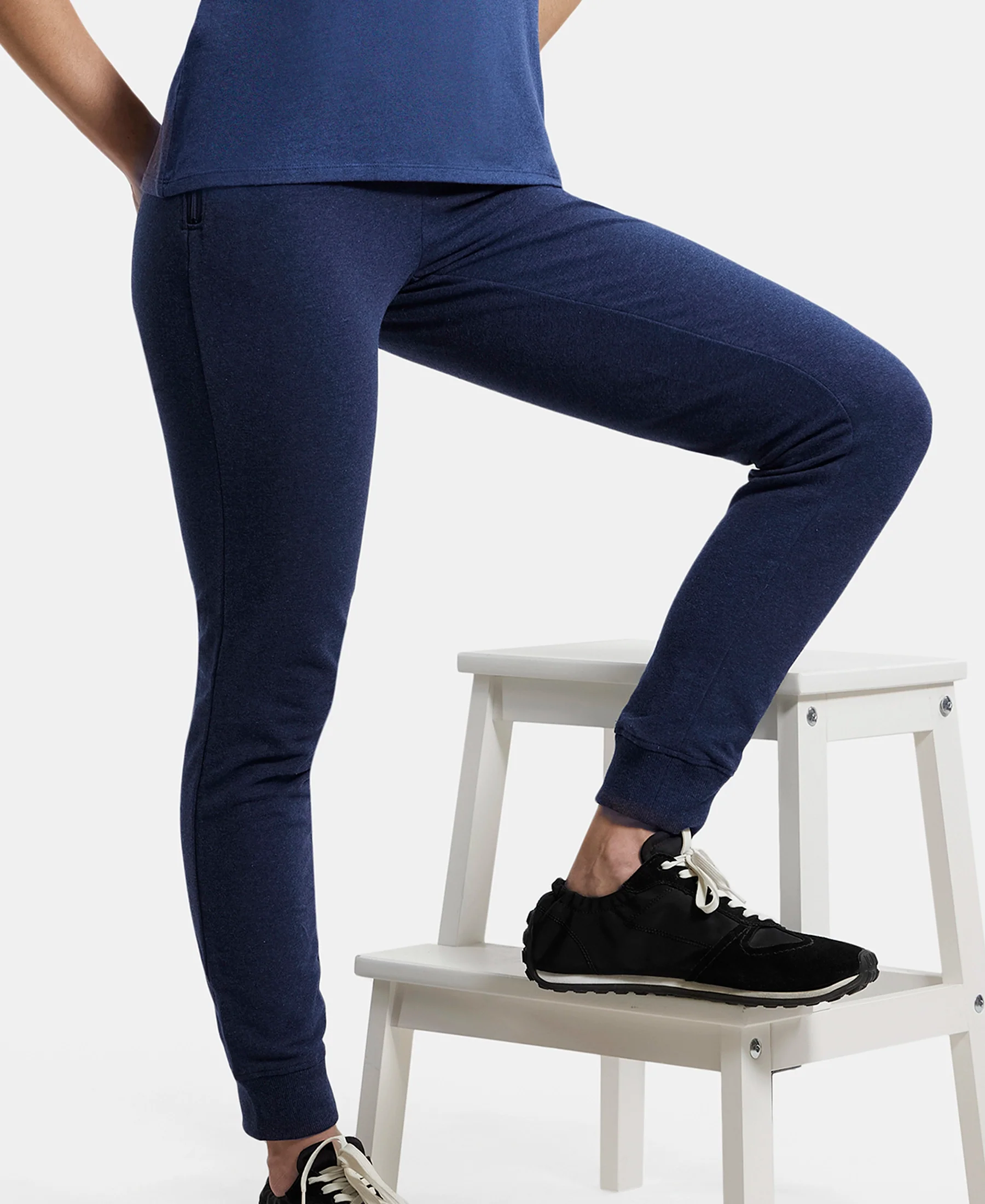 Super Combed Cotton Elastane French Terry Relaxed Fit Joggers With Zipper Pockets - Ink Blue Melange - Image 5
