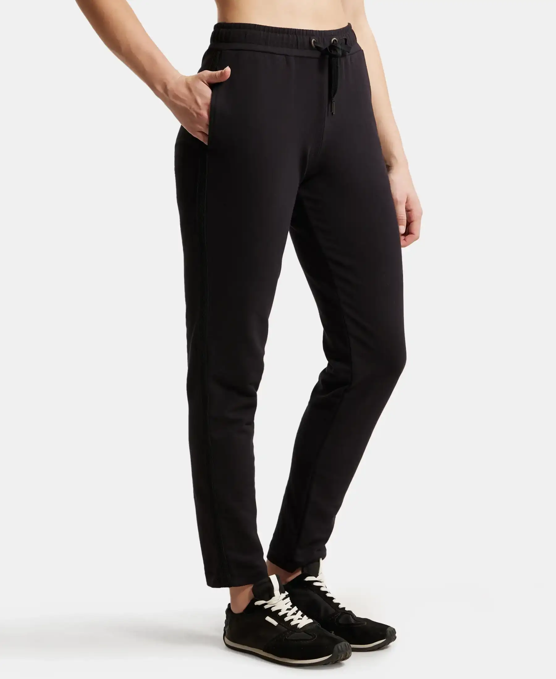 Super Combed Cotton Elastane Stretch French Terry Straight Fit Trackpants with Side Pockets - Black - Image 2