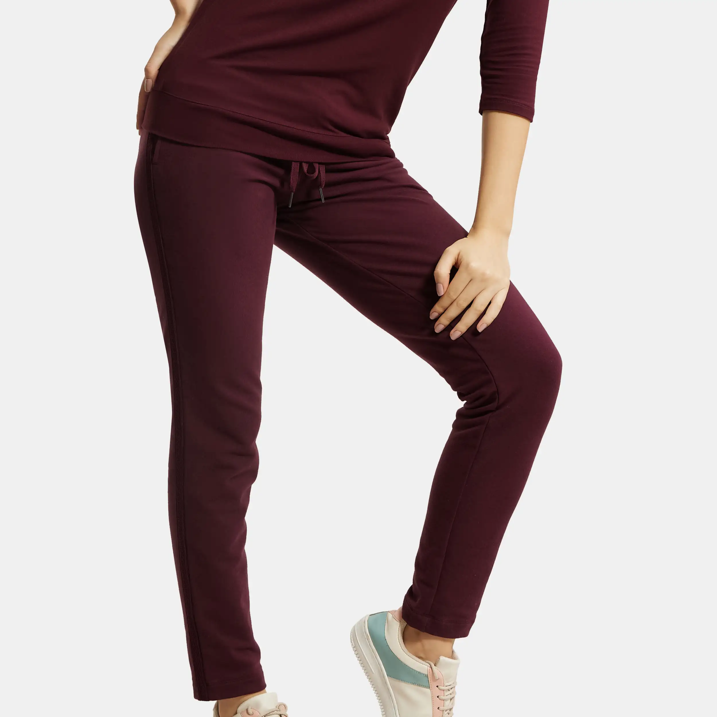 Super Combed Cotton Elastane Stretch French Terry Straight Fit Trackpants with Side Pockets - Wine Tasting - Image 5