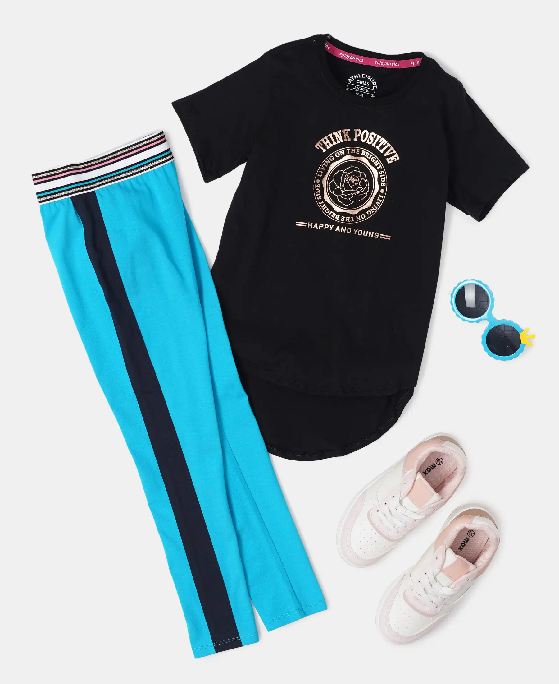 Girl's Super Combed Cotton Elastane Stretch Leggings with Contrast Side Panel - Sky Dive - Image 4