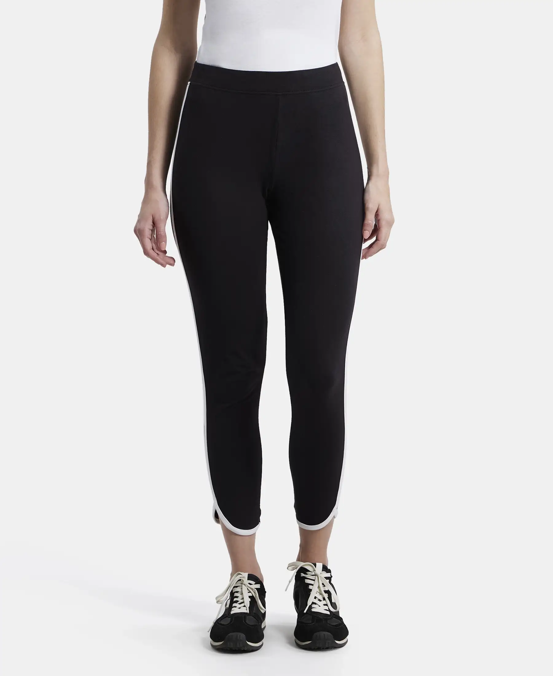 Super Combed Cotton Elastane Stretch Leggings with Contrast Side Piping - Black