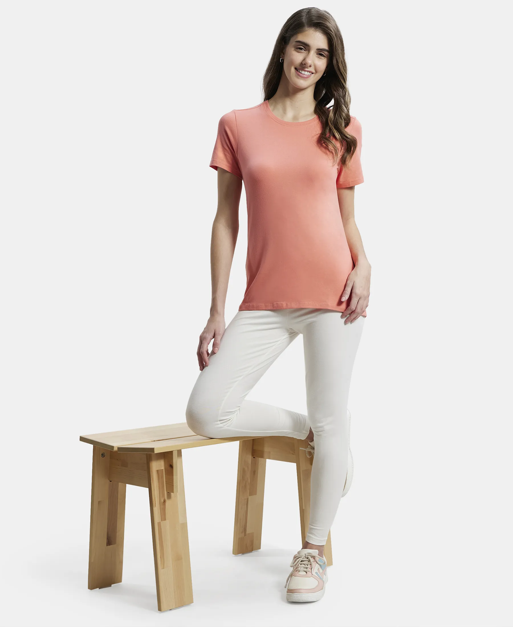 Super Combed Cotton Elastane Stretch Leggings with Ultrasoft Waistband - Coconut milk - Image 6