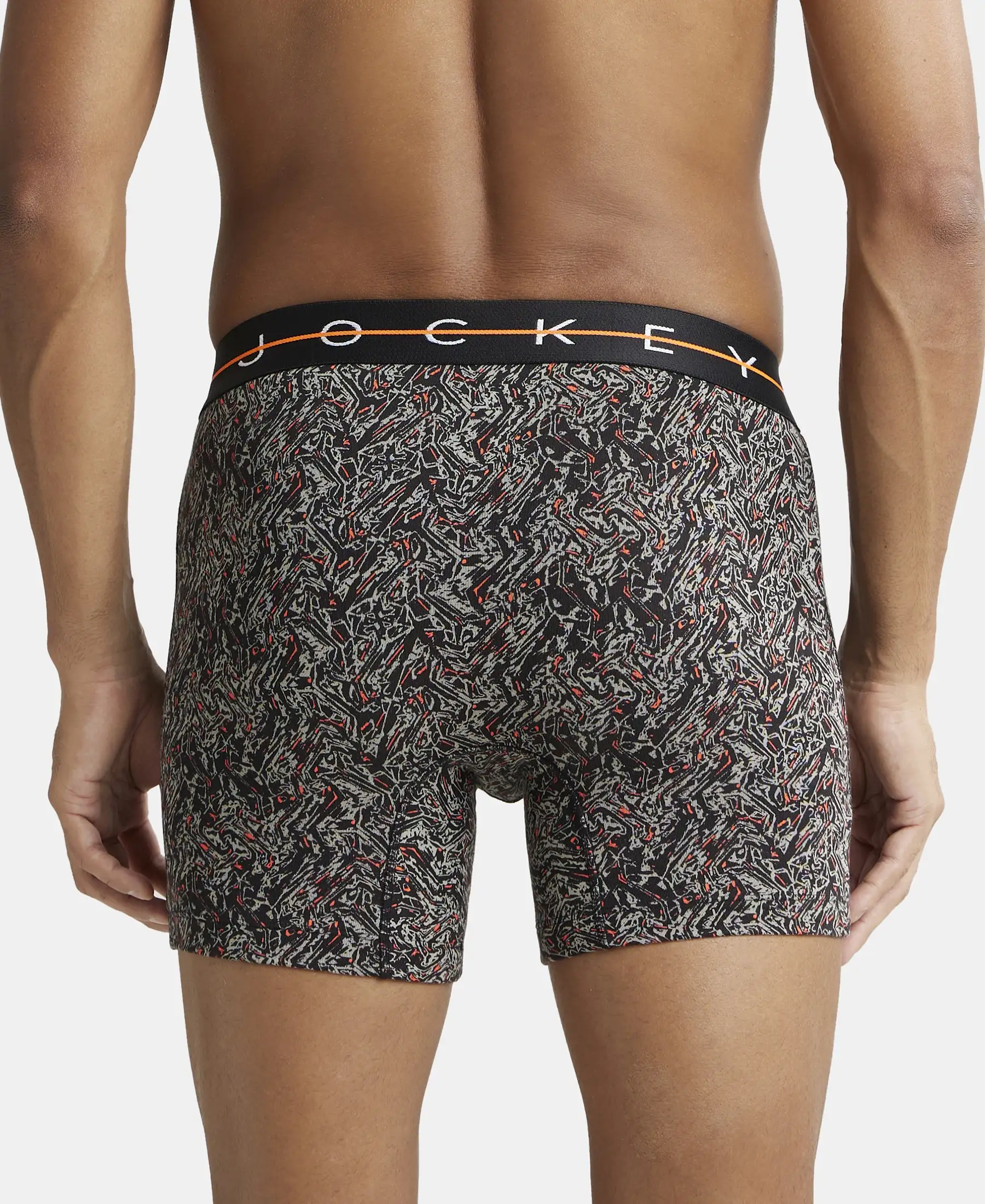 Super Combed Cotton Elastane Printed Boxer Brief with Ultrasoft Waistband - Black & Orange - Image 3