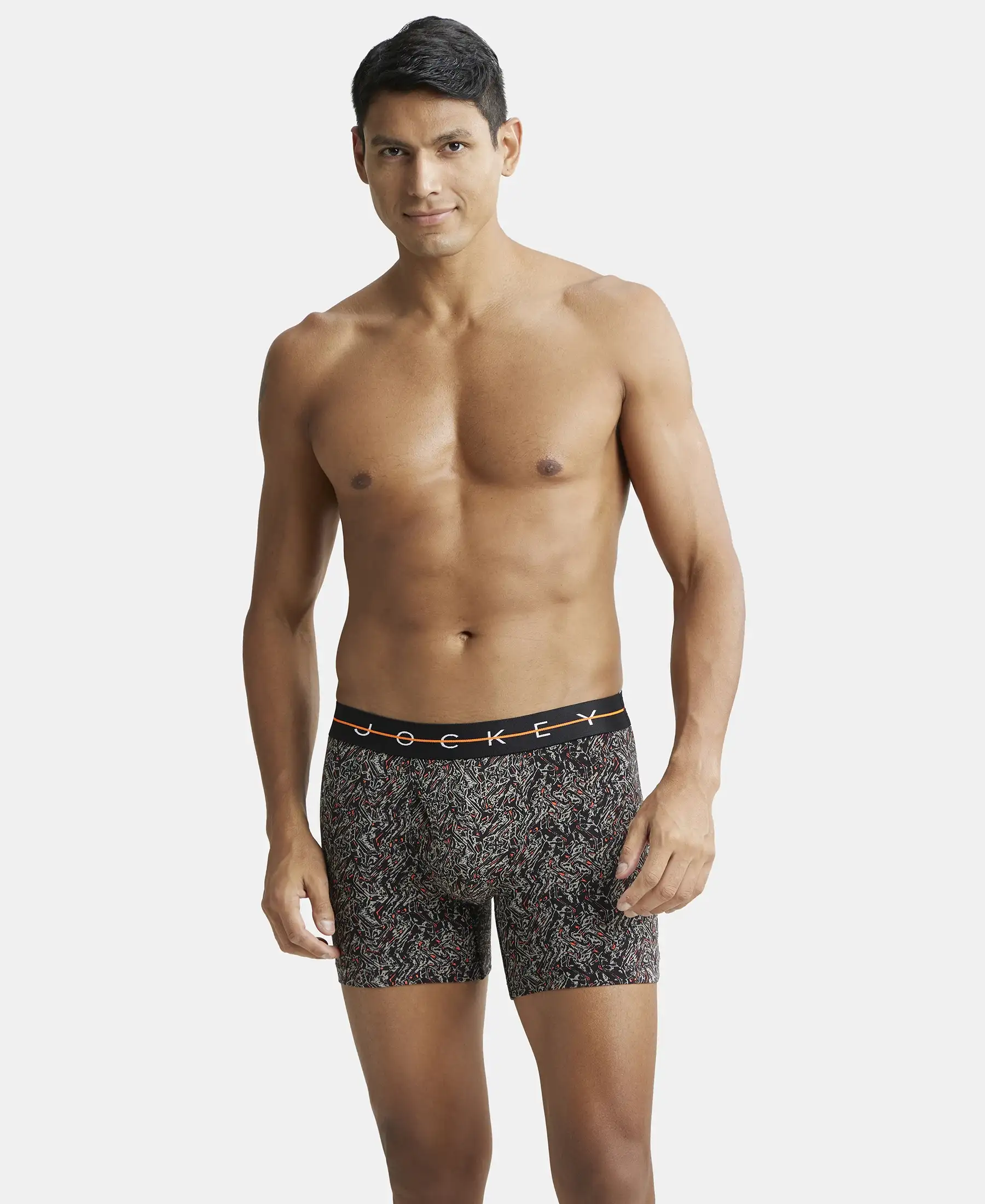 Super Combed Cotton Elastane Printed Boxer Brief with Ultrasoft Waistband - Black & Orange - Image 5