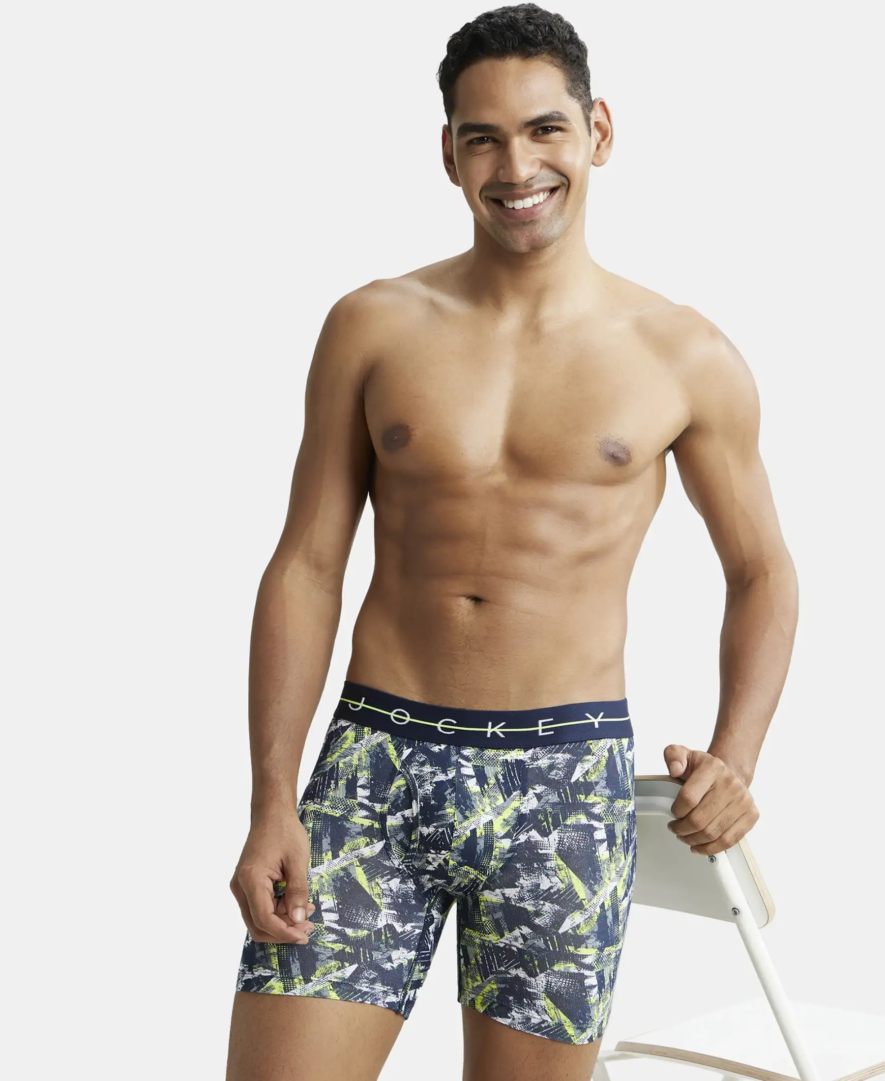Super Combed Cotton Elastane Printed Boxer Brief with Ultrasoft Waistband - Navy & Neon - Image 5
