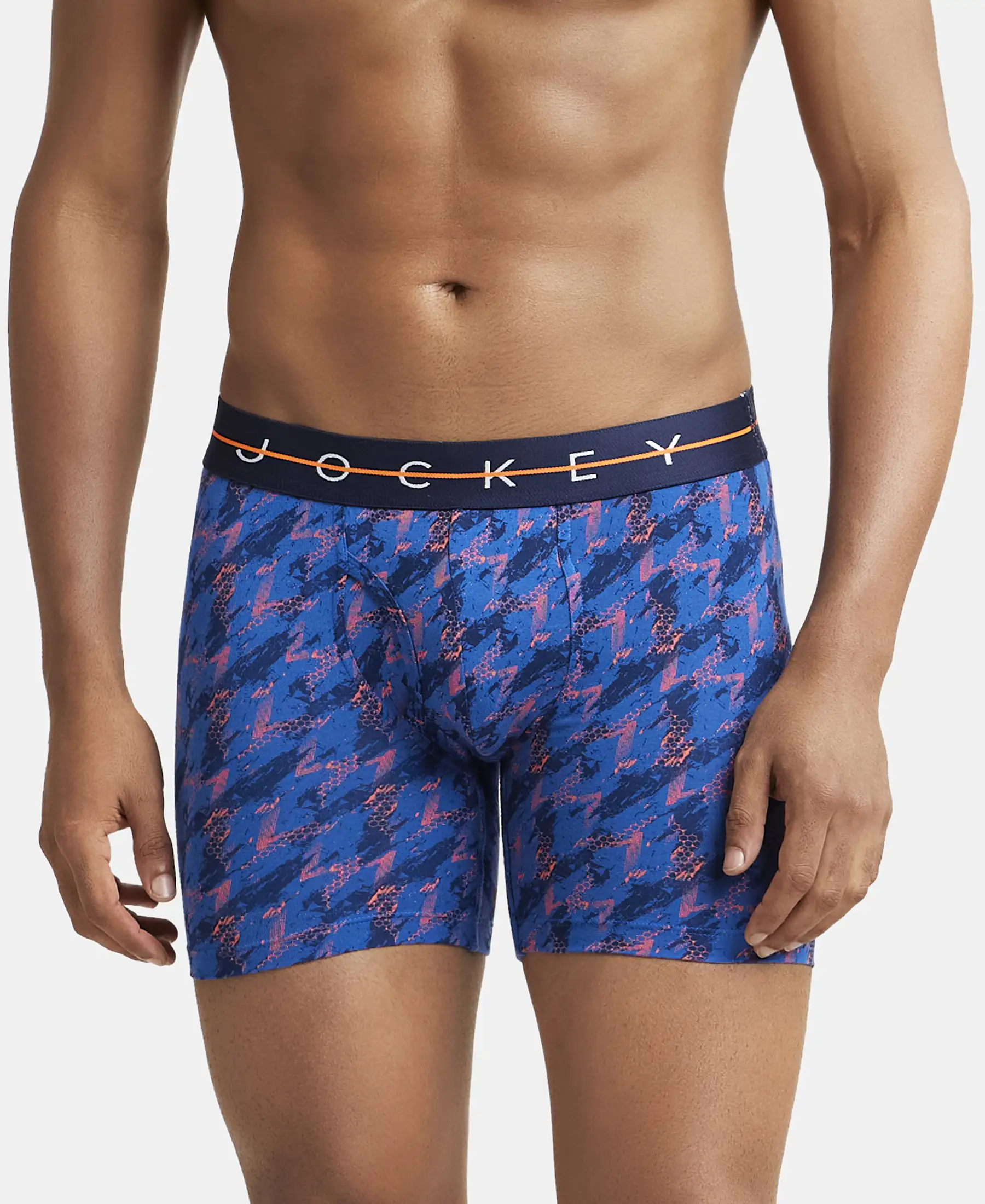 Super Combed Cotton Elastane Printed Boxer Brief with Ultrasoft Waistband - Navy & Orange