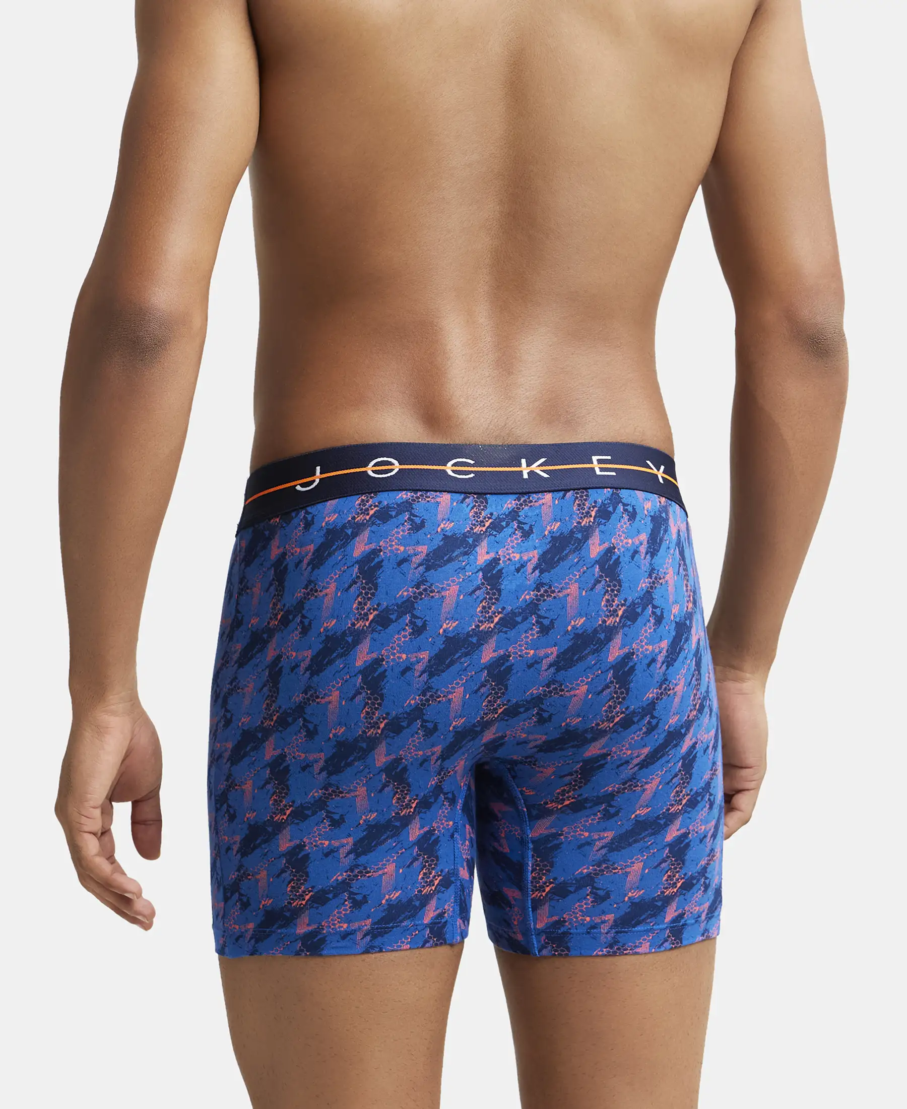 Super Combed Cotton Elastane Printed Boxer Brief with Ultrasoft Waistband - Navy & Orange - Image 3