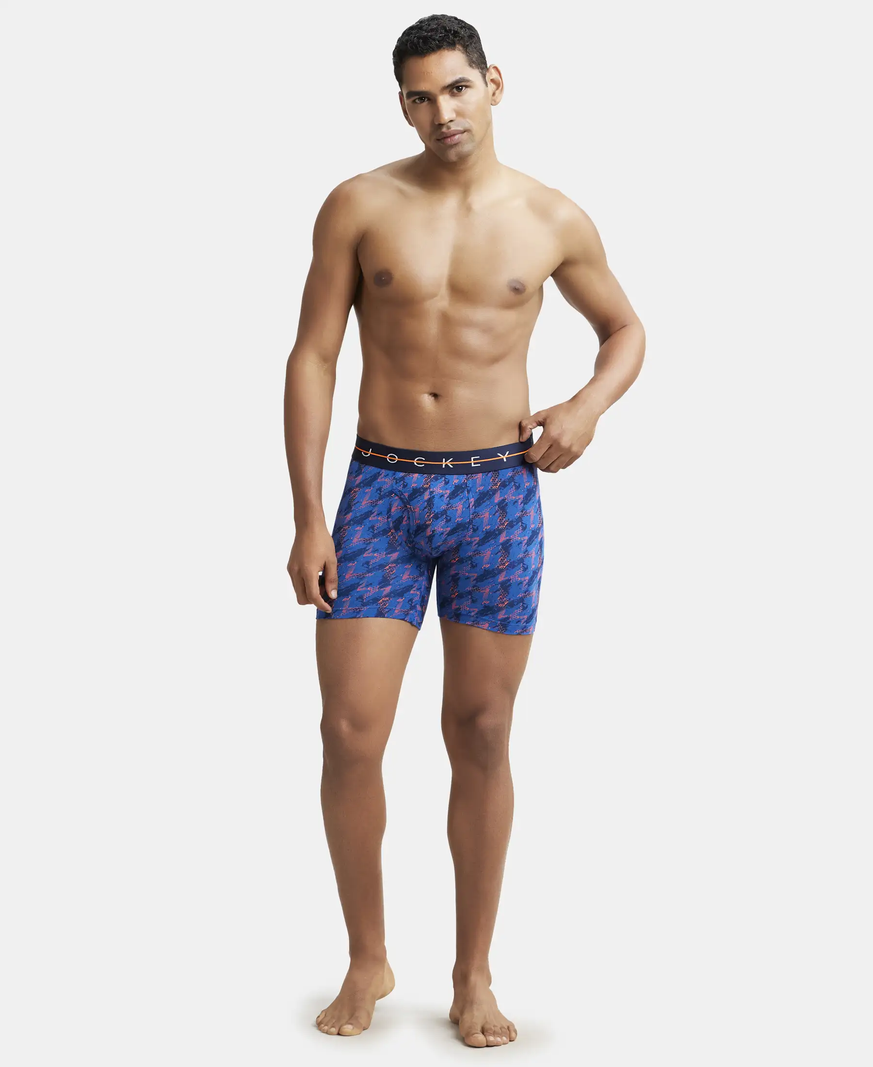 Super Combed Cotton Elastane Printed Boxer Brief with Ultrasoft Waistband - Navy & Orange - Image 4