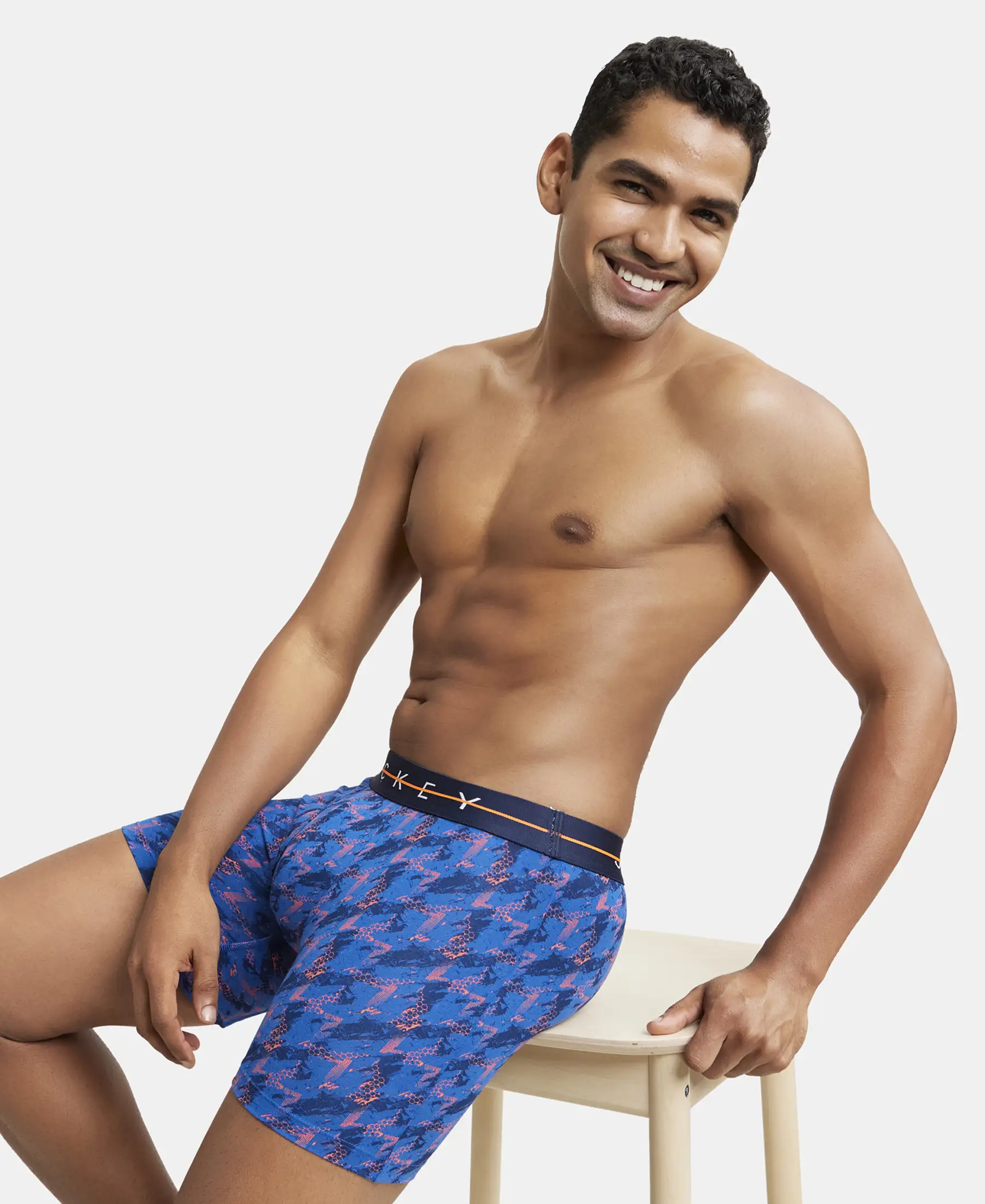 Super Combed Cotton Elastane Printed Boxer Brief with Ultrasoft Waistband - Navy & Orange - Image 5
