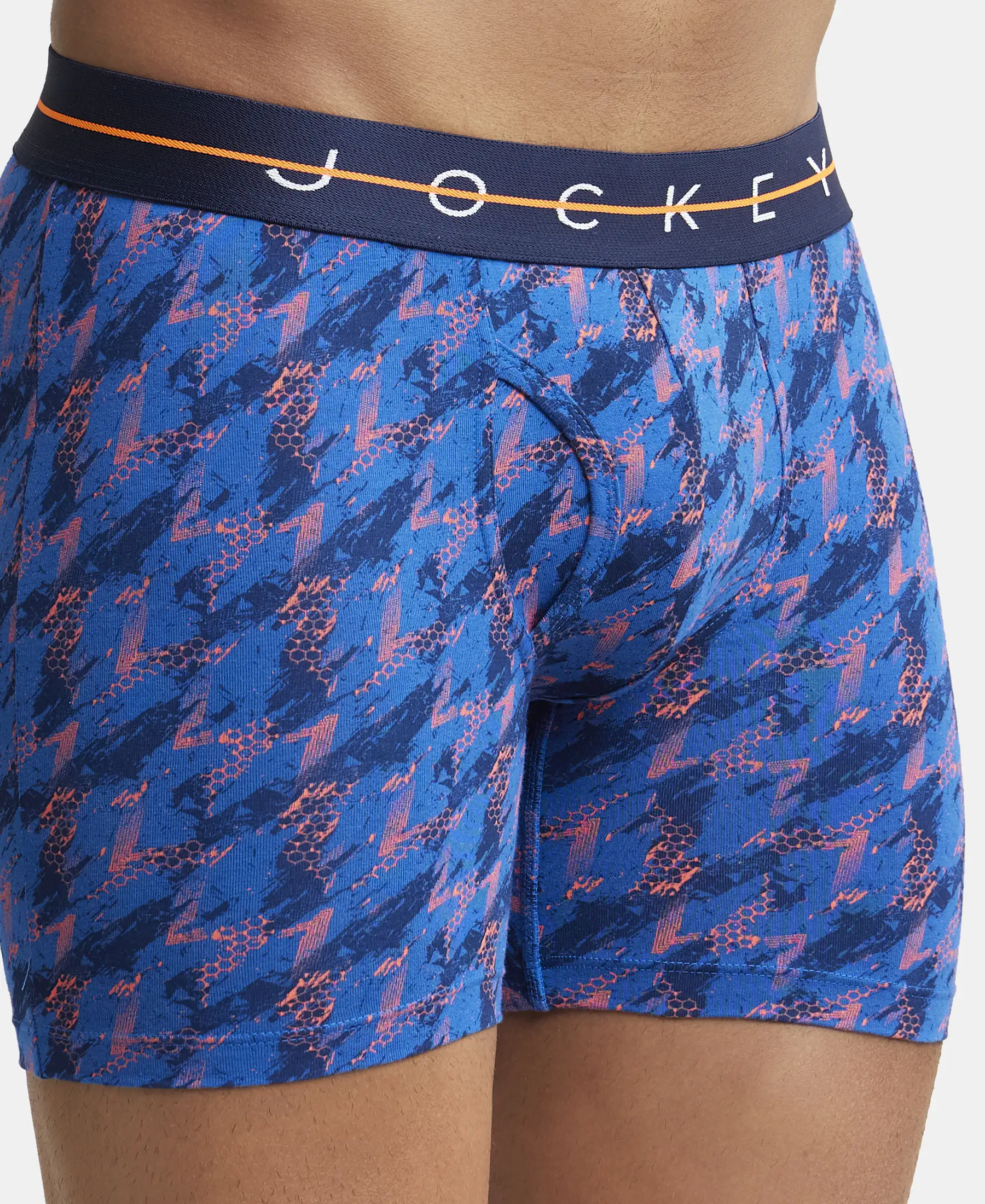 Super Combed Cotton Elastane Printed Boxer Brief with Ultrasoft Waistband - Navy & Orange - Image 6