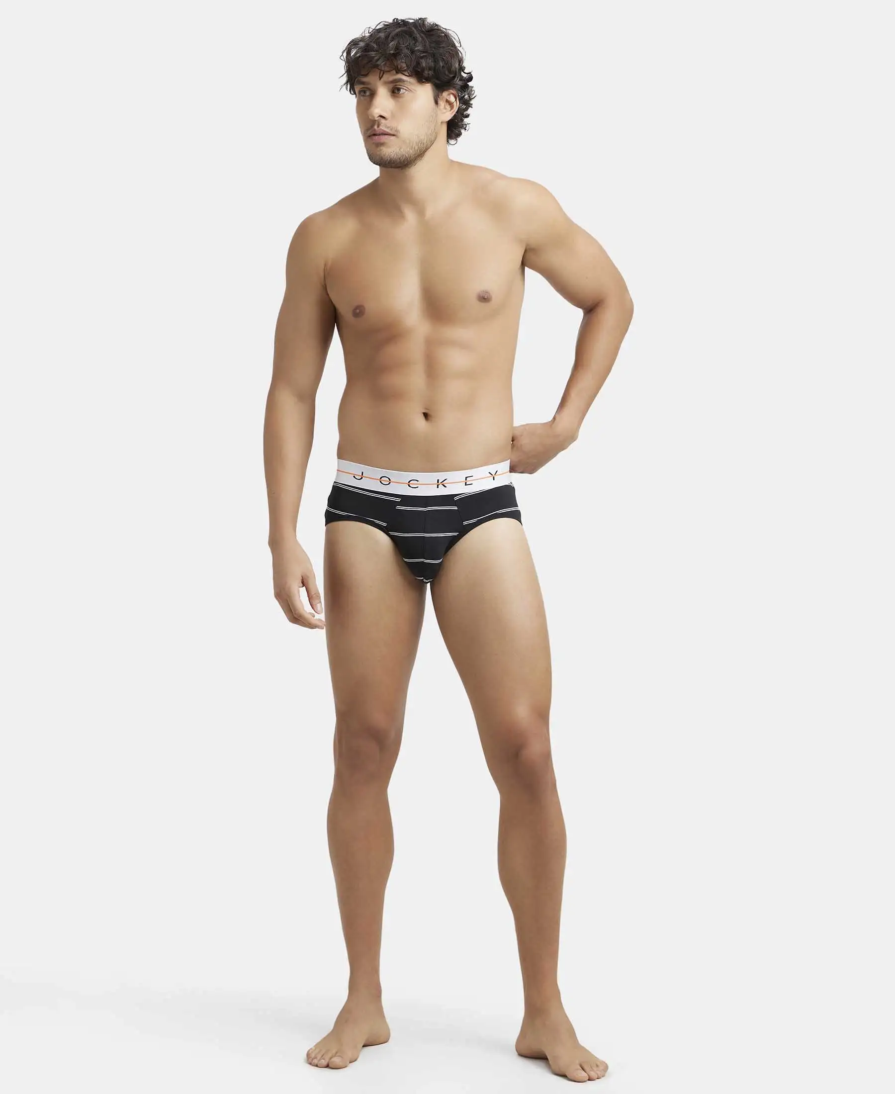 Super Combed Cotton Elastane Printed Brief with Ultrasoft Waistband - Black Striped - Image 4