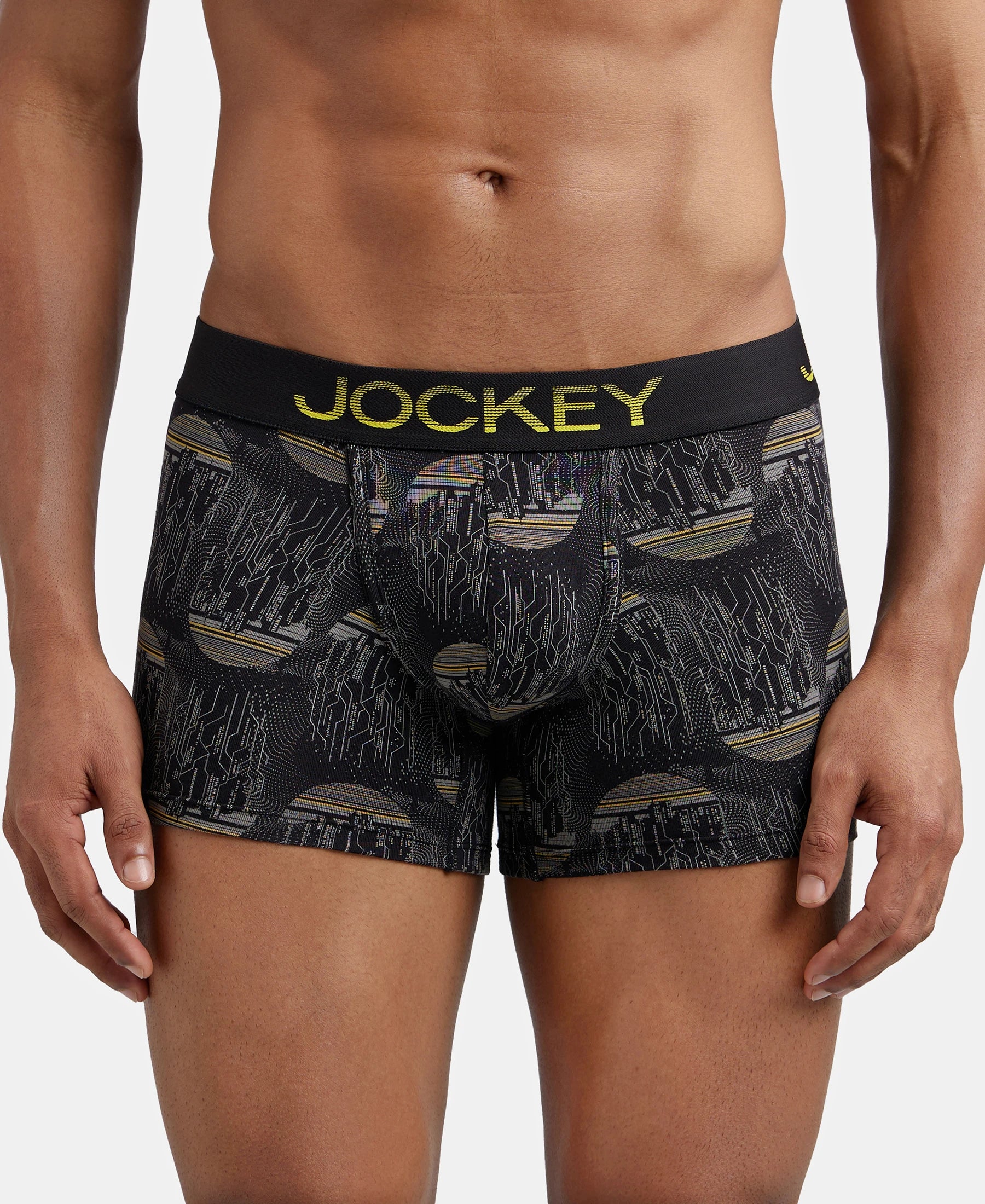 Super Combed Cotton Elastane Stretch Printed Trunk with Ultrasoft Waistband - Black & Empire Yellow